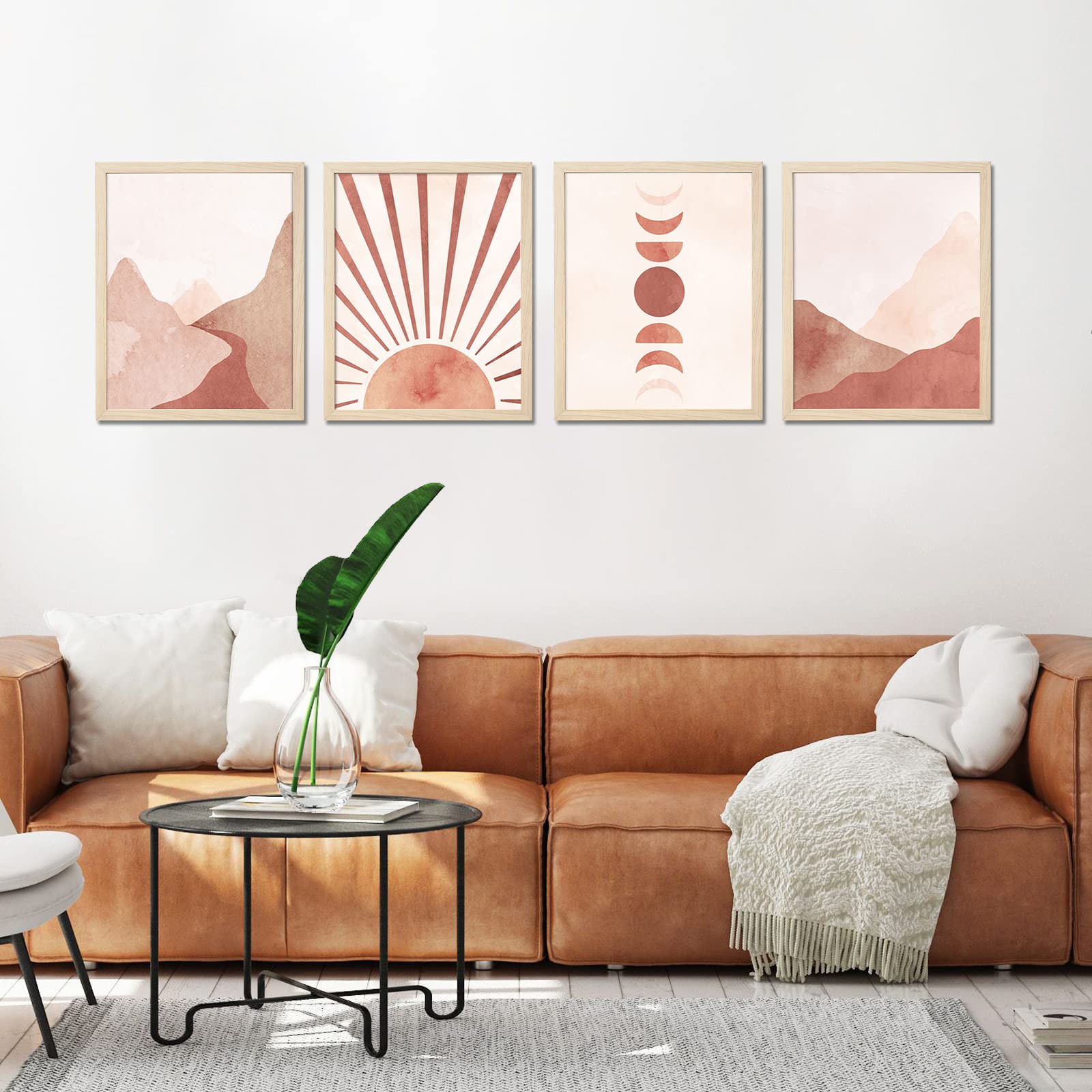 Artbyhannah 4-Pack 11X14 Framed Boho Wall Art In Decorative Warm Tone With Mid Century Prints Of Sun Moon Mountain And Mdf Wood