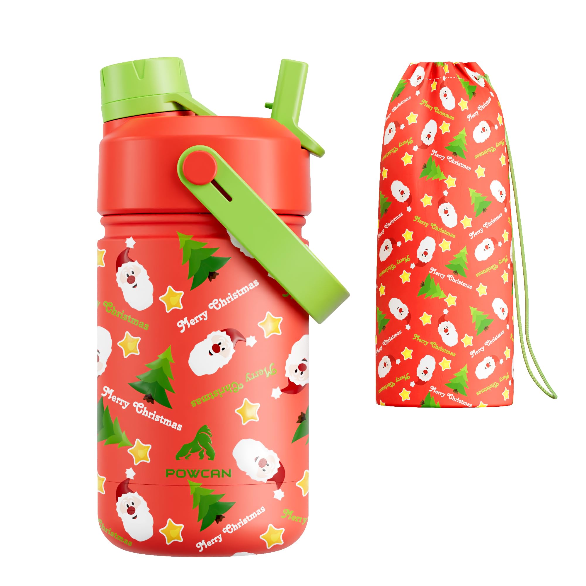 12 oz Kids Christmas Insulated Water Bottle: 2-in-1 Straw Spout Lid, Leakproof, BPA-Free, Keep Cold 24H, Stainless Steel Cup wit