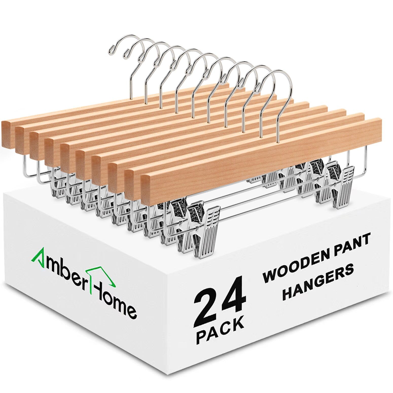 Amber Home 24 Pack Natural Wooden Pants Hangers With Clips, Wood Skirt Hangers Trouser Hangers For Jeans, Slacks, Shorts With 2-
