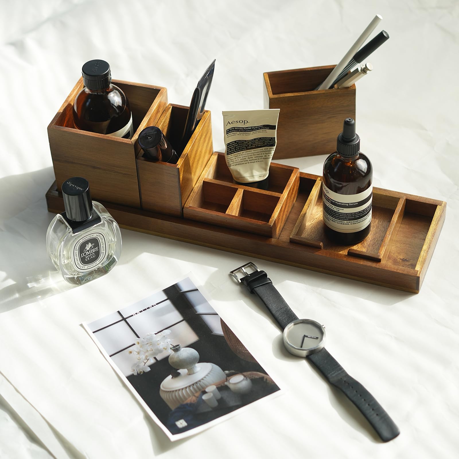 ROCDEER Wood Vanity Tray, 6-Piece Small Bathroom Counter Organizer Wooden Decorative Trays Rectangular Perfume Jewelry Makeup Co