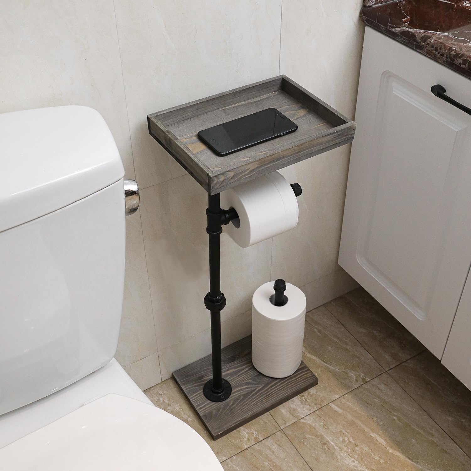 Mygift Vintage Gray Wood And Industrial Metal Pipe Freestanding Toilet Paper Roll Holder Dispenser Stand With Reserve Storage An
