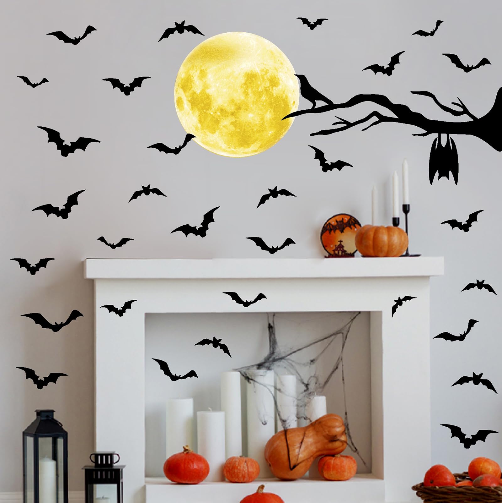 Halloween Moon Bat Wall Stickers Tree Branch Wall Decals Black Crow Vinyl Bat Wall Decals Peel And Stick Halloween Moon Wall Sti