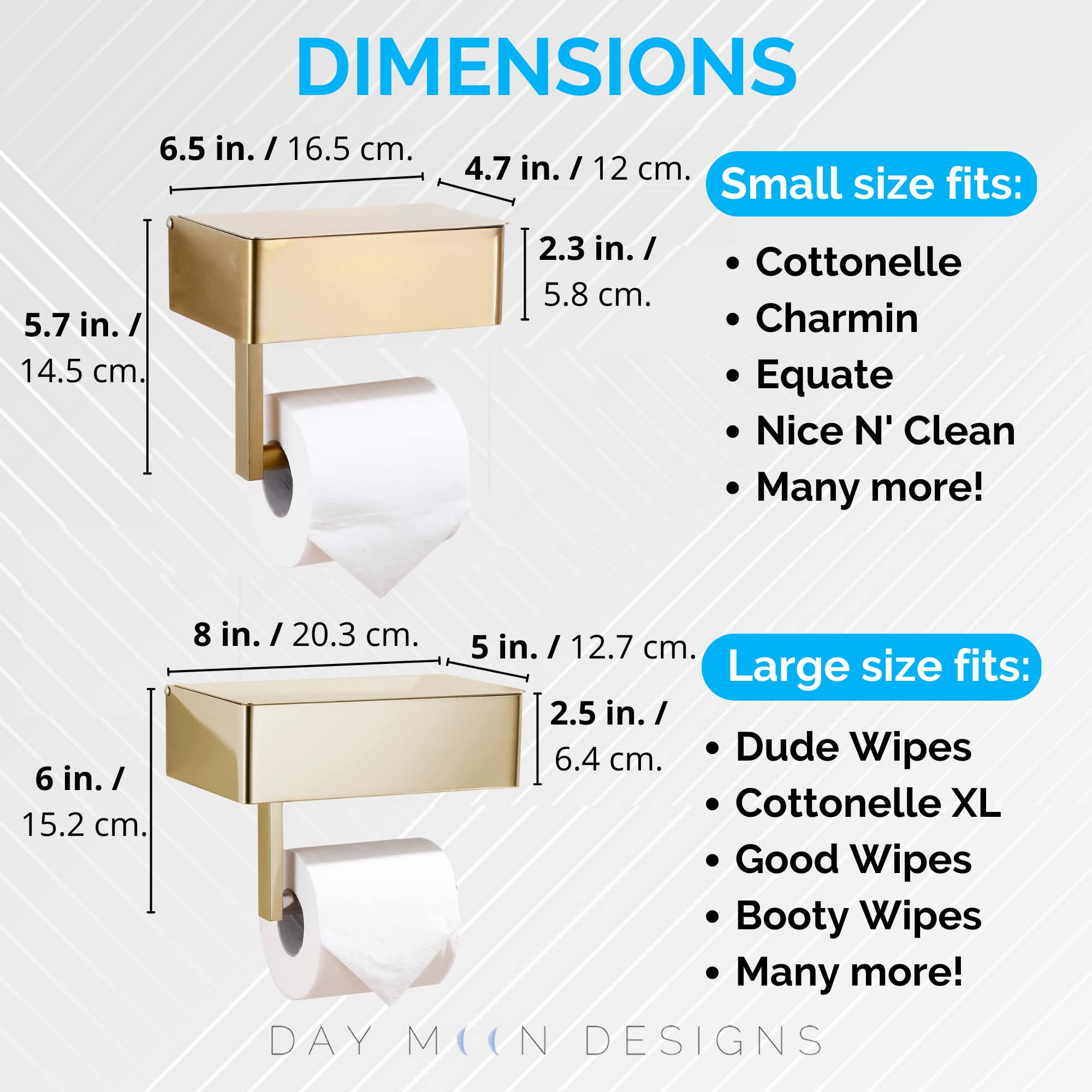 Day Moon Designs Brushed Gold Toilet Paper Holder with Shelf - Wipe Holder for Bathroom  Flushable Wipes Dispenser - Toilet Paper and Wipes Holder - Toilet Paper Holder with Storage  Tampon Holder