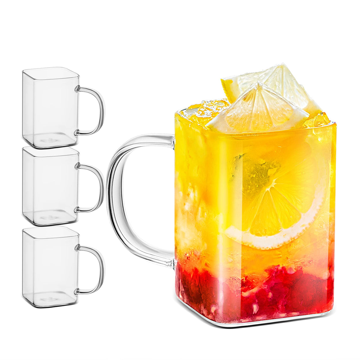Luxu Drinking Glasses 8 Oz With Handle,Set Of 4 Thin Square Glasses,Elegant Bar Glassware For Water,Juice,Beer, Drinks,And Cockt