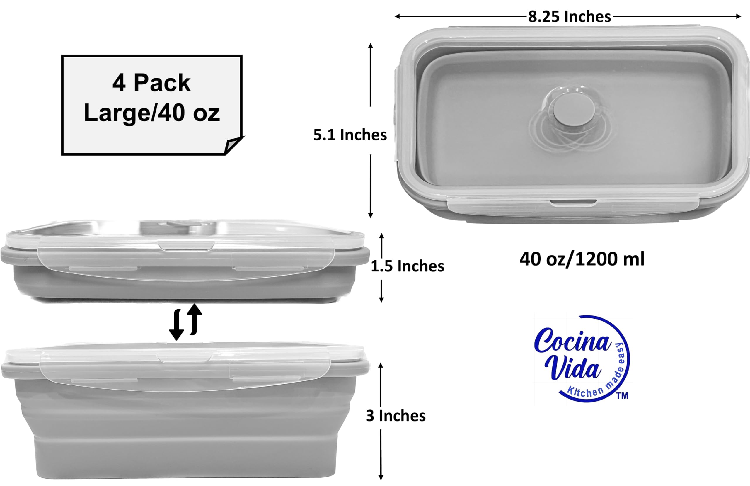 Cocina Vida Collapsible Silicone Food Storage Containers With Airtight Lids | Kitchen Stackable Lunch Box Microwave Dishwasher S