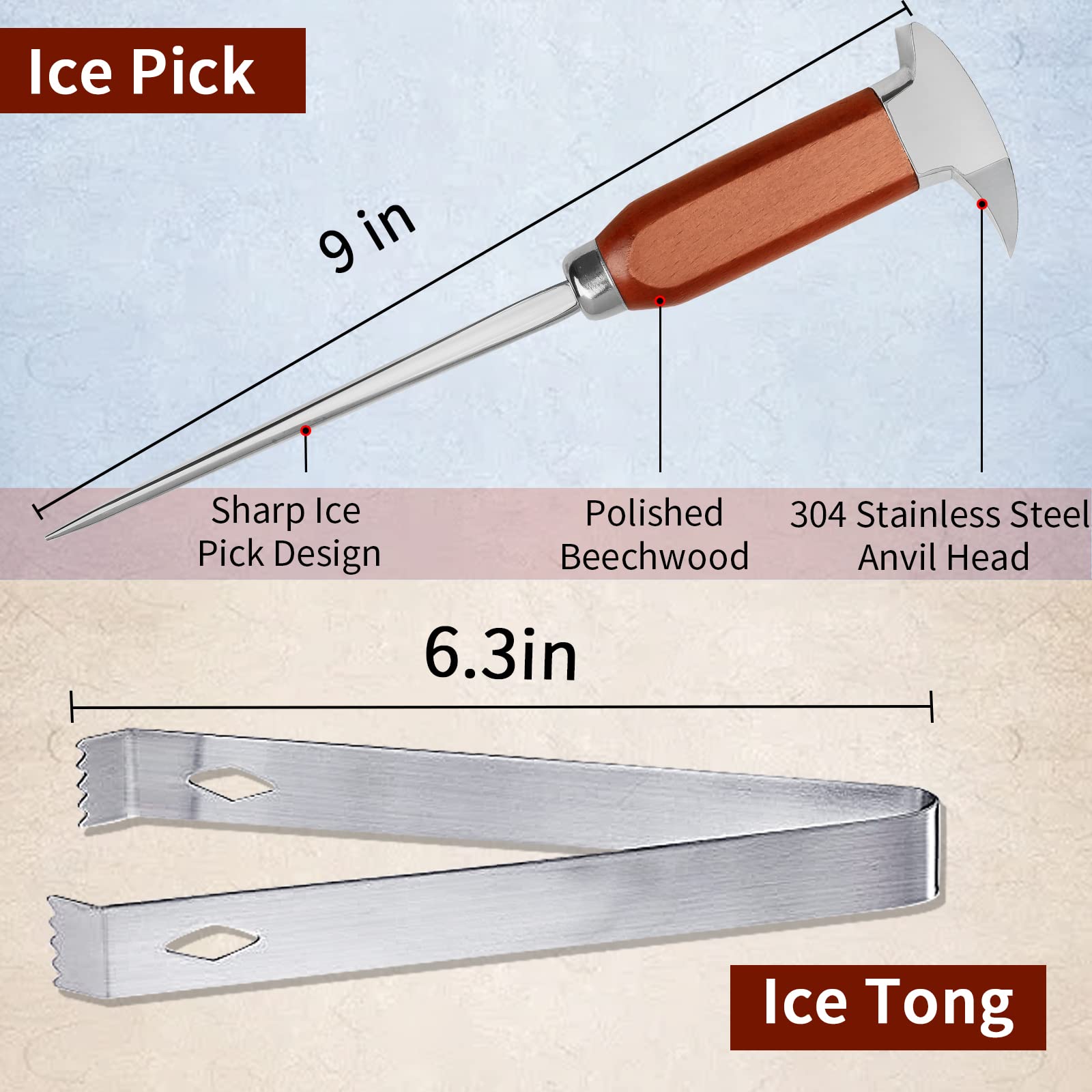 Ice Pick - 9 Inch Stainless Steel Ice Crusher And Ice Tong For Breaking Ice Japanese Style Ice Chipper Ideal For Bars And Home S