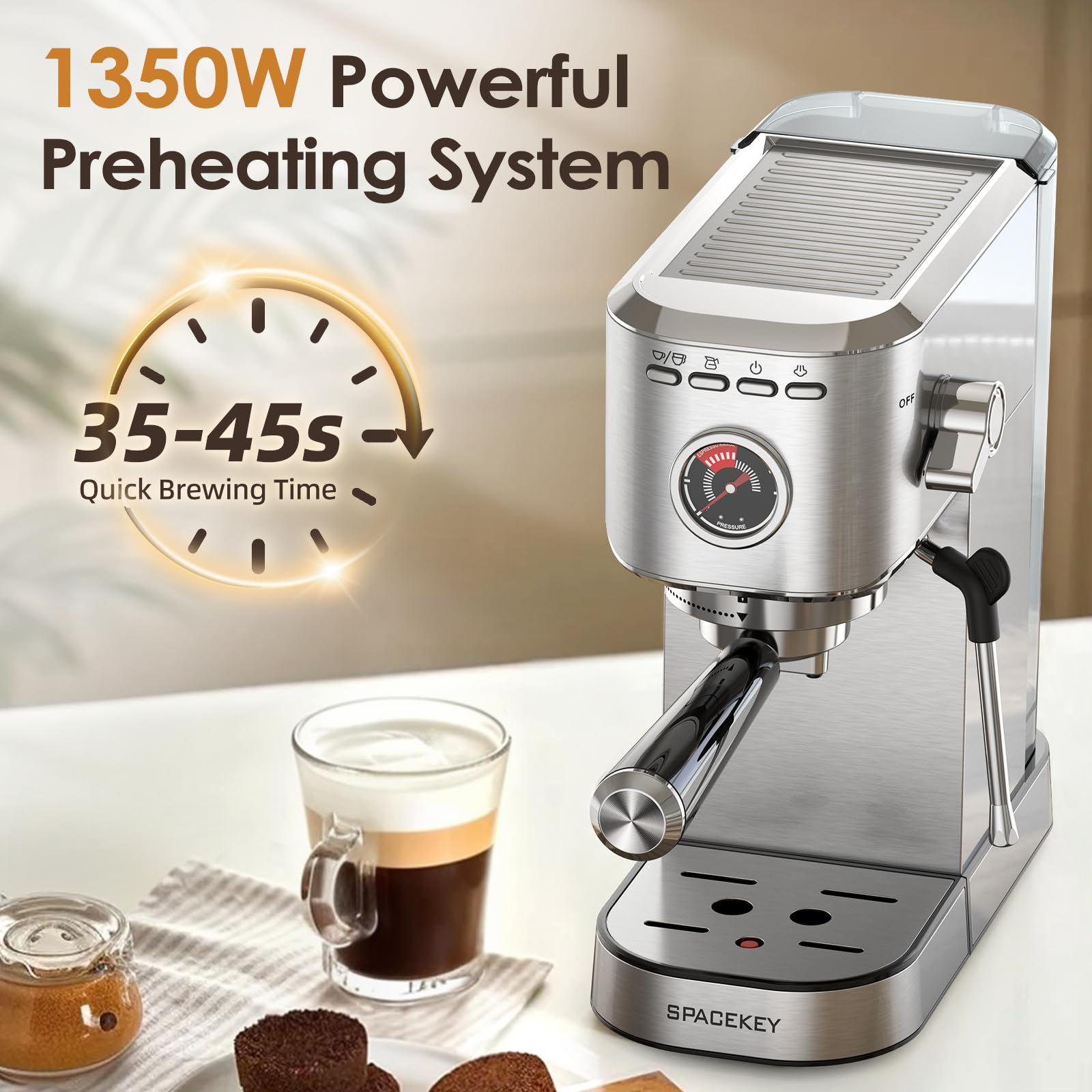 Spacekey Espresso Machine 20 Bar, Professional 1350W Espresso Maker With Milk Frother, Compact Stainless Steel Cappuccino & Latt