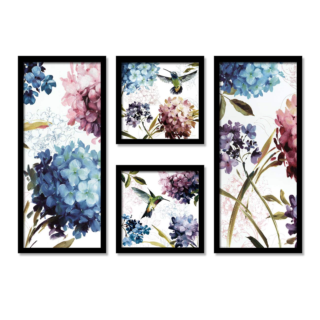 Painting Mantra Floral And Bird Framed Painting For Living Room Decoration, Black Frame (22X 47 Cm, 9X9 Inch) - Set Of 4