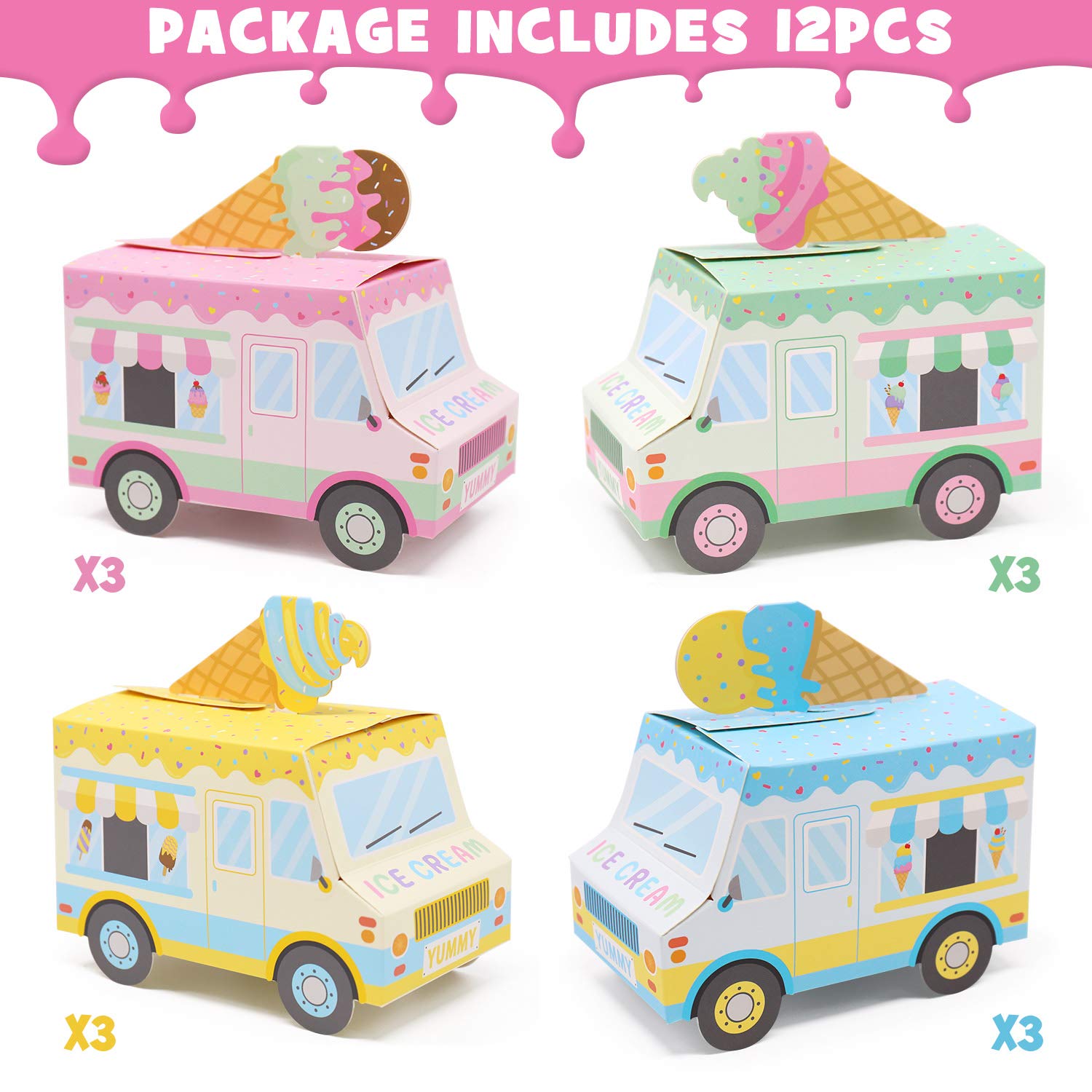 Ice Cream Party Favor Boxes Ice Cream Truck Shape Treat Boxes Summer Goodie Candy Boxes Sprinkles Themed Baby Shower Kids Birthday Party Centerpieces Table Decor Supplies Set of 12