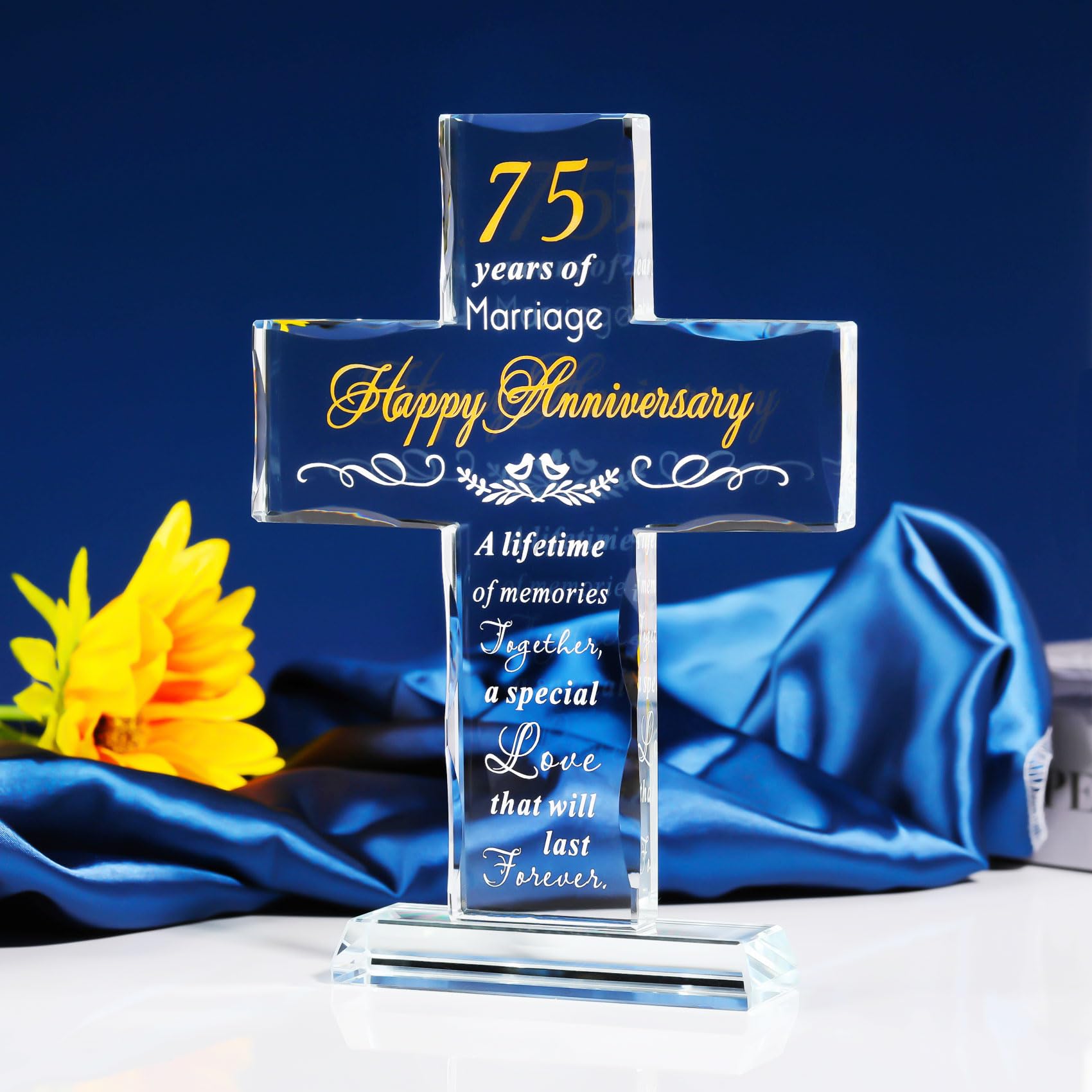 YWHL 75th Anniversary Cross Gifts for Parents Grandparents, Laser Carved 75 Years of Marriage Cross Decoration, 75 Years Wedding