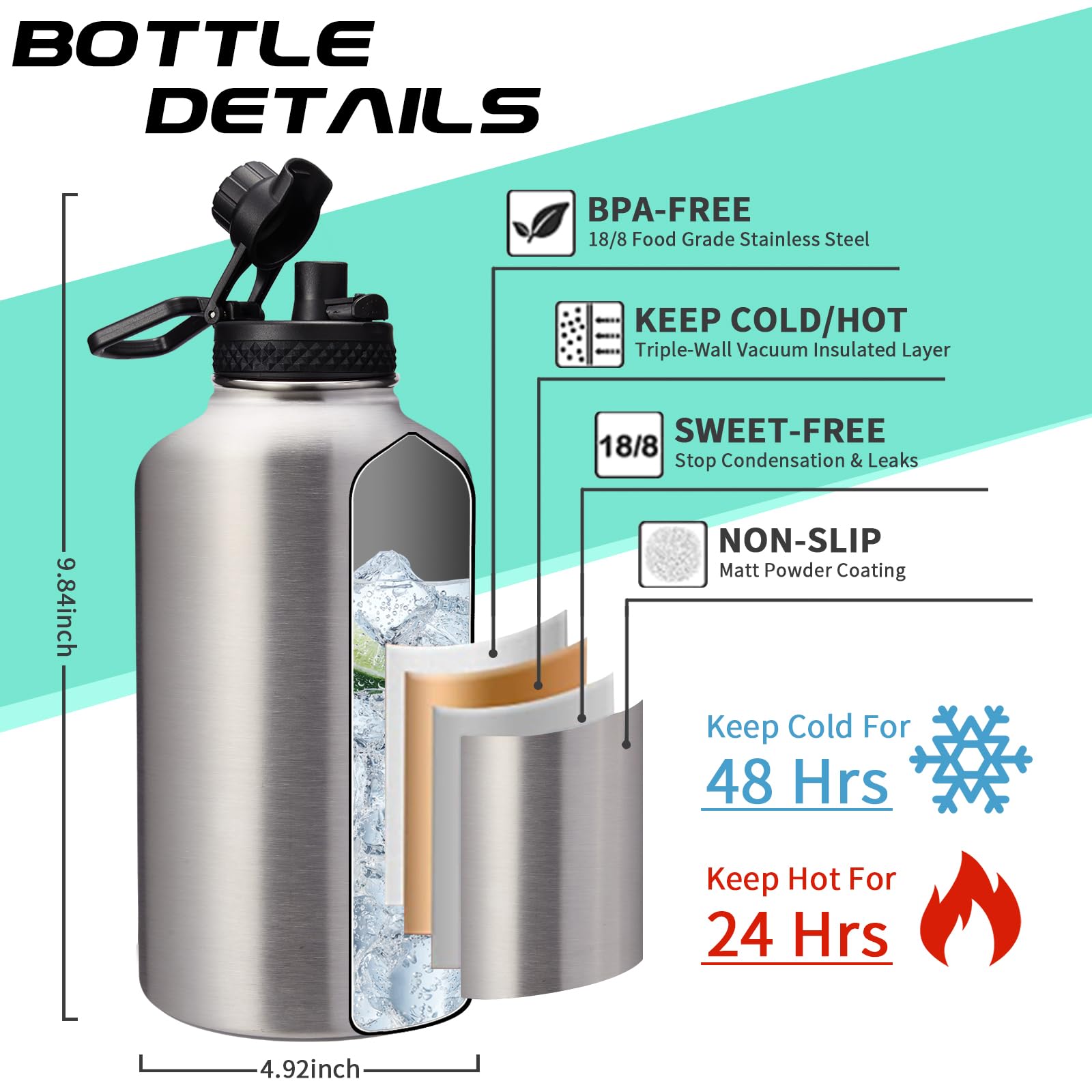 DIGJUPER 64 oz Insulated Water Bottle Stainless Steel - Gallon Water Bottle with Straw  Half Gallon Water Jug Wide Mouth  Sweat-Proof Metal Flask Mug with Paracord Handle For Gym Camping Hiking