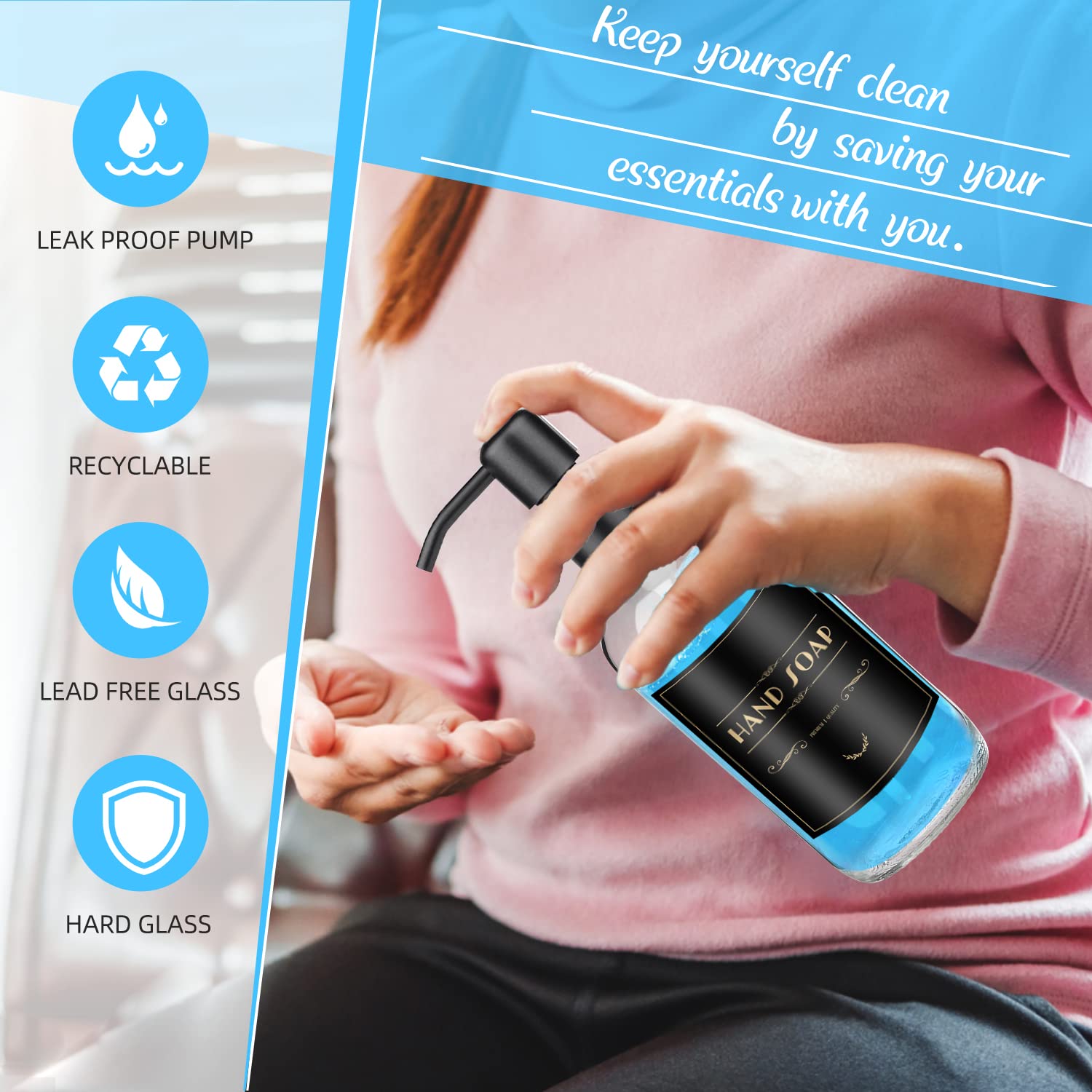 Arktek 2 Pack Glass Soap Dispenser - Clear Dish Soap Dispenser For Kitchen, Refillable Liquid Hand Soap Dispenser With Rust Proo