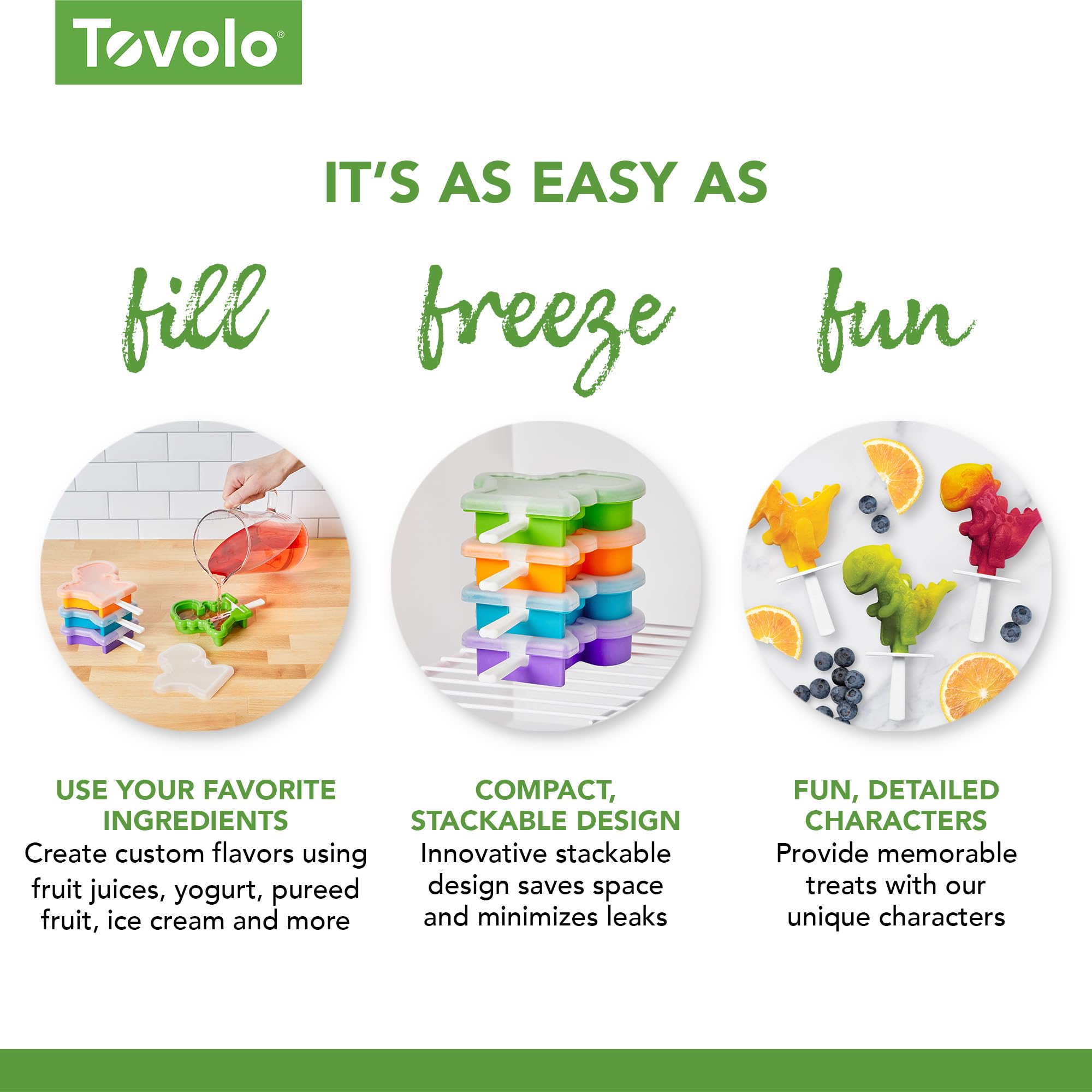 Tovolo Silicone Popsicle Molds (4-Pack, Dino) - BPA-Free, Dishwasher Safe, Clear/Orange, Stackable Ice Pop Maker