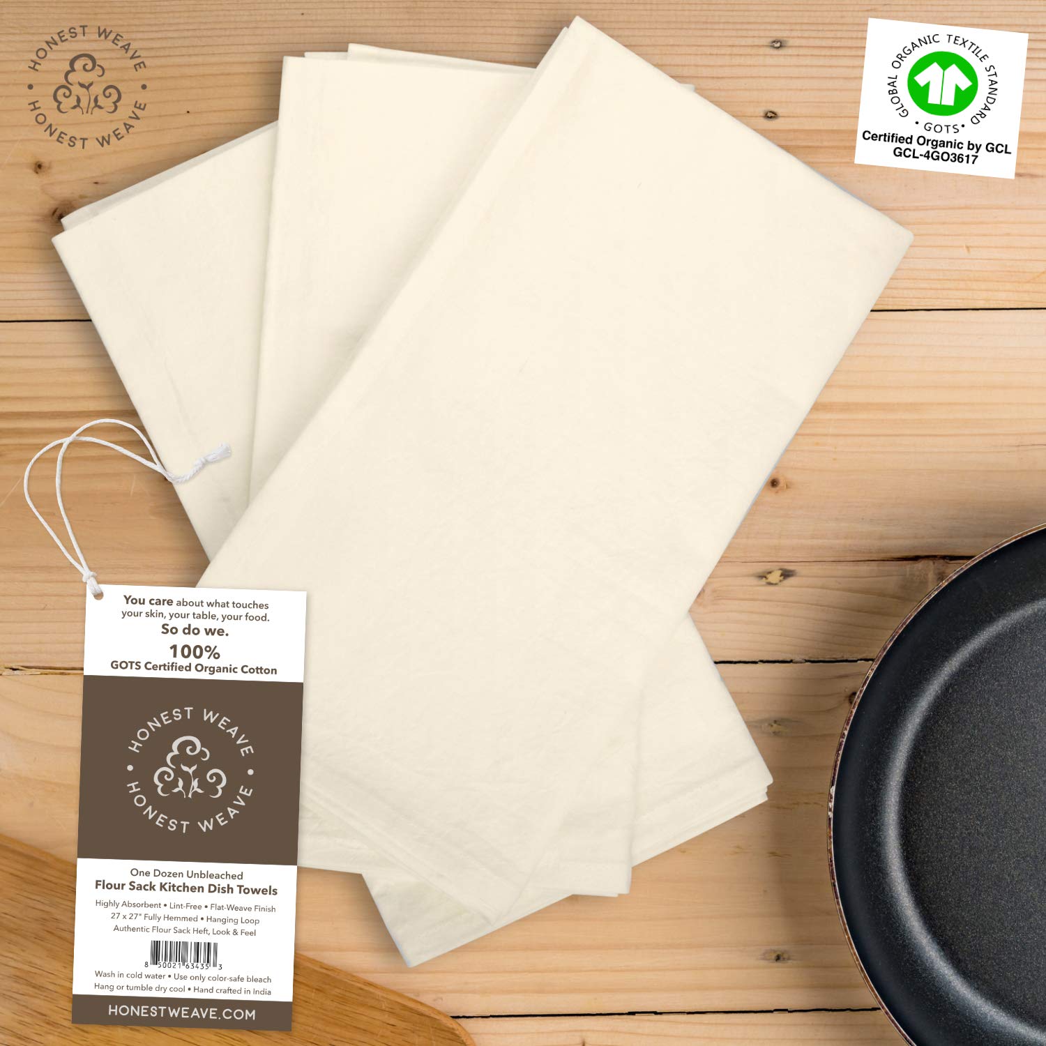 Honest Weave Gots Certified 100% Organic Flour Sack Cotton Kitchen Hand And Dish Towel Sets - Extra Large 27X27 Inches, Fully He