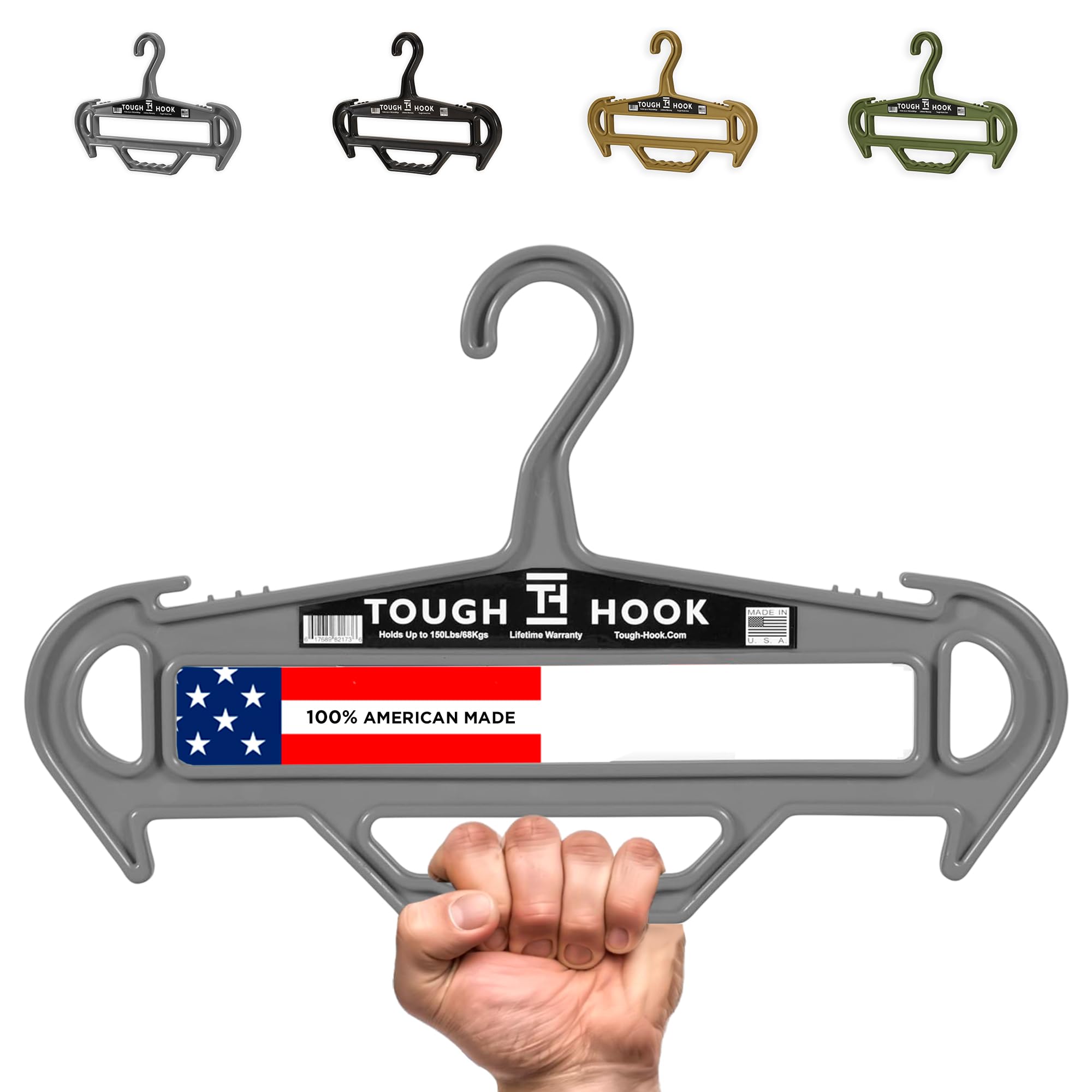 Tough Hanger XL | American Made | Unbreakable Heavy Duty Hanger | GRIPPER Built-in Carry Handle | A Beast of a Hanger | Premium Military Grade | X-Large Hanger |180 LB Capacity | |Veteran Owned (Grey)