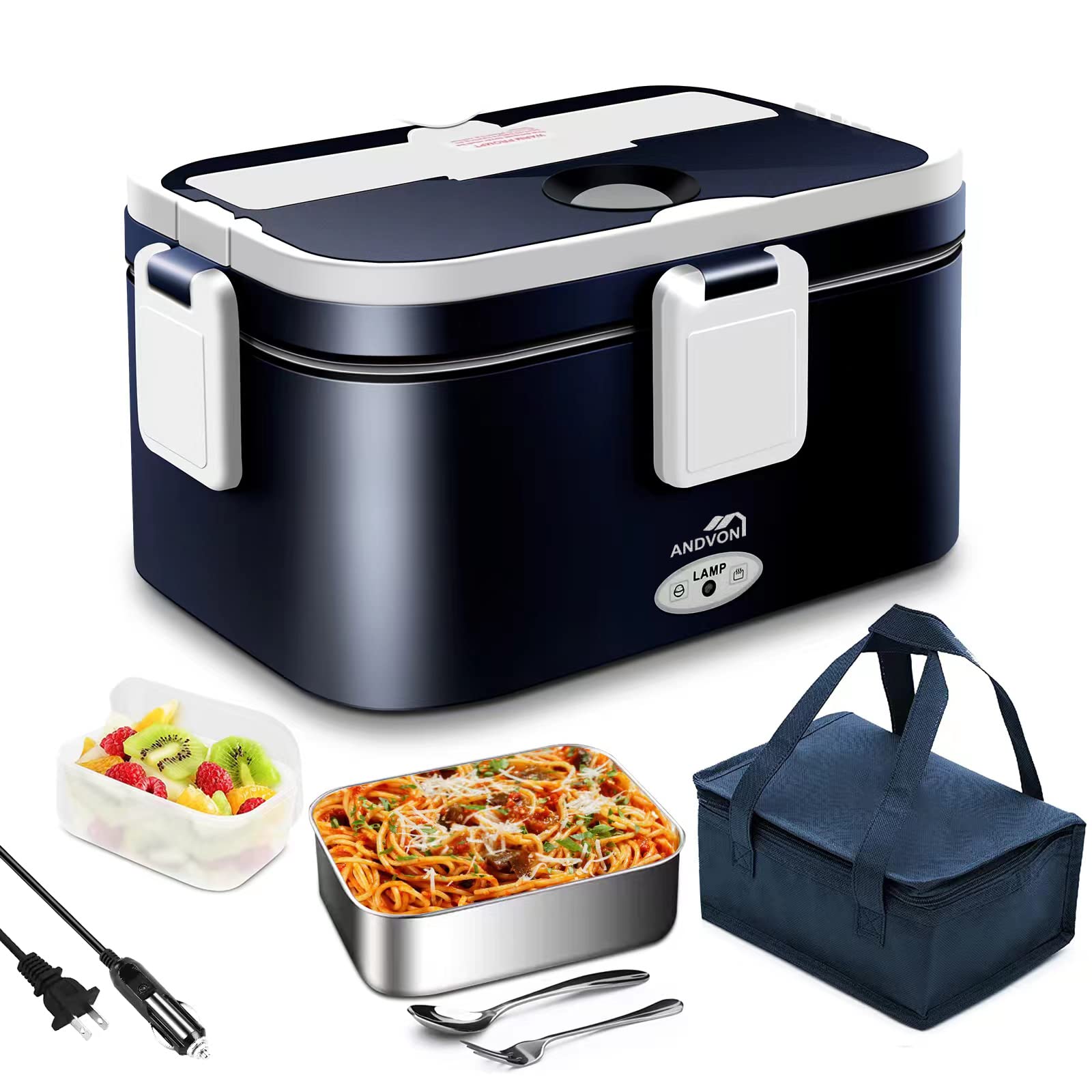 Andvon 80W Fast Heating Electric Lunch Box for Men-1.8L Large-Capacity Portable Food Heater For Adults-Leakproof 3-In-1 Heated F