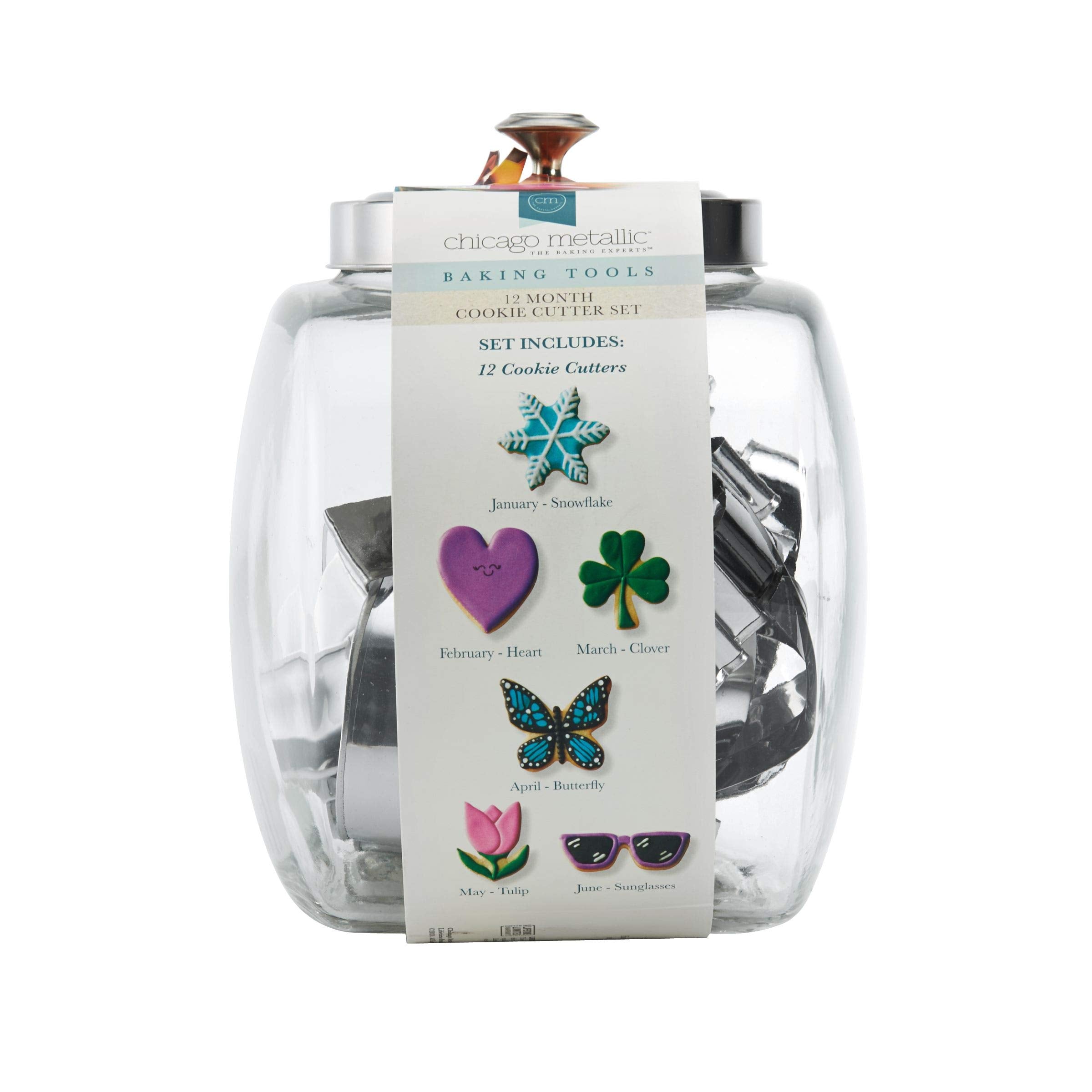Chicago Metallic Month Cookie Cutter Set In Glass Jar, 12-Piece, Silver