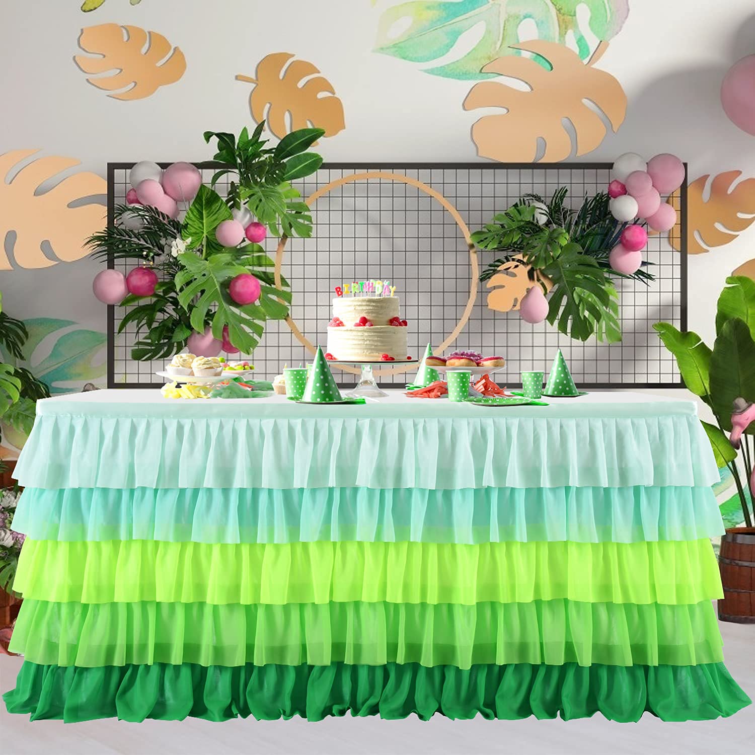 Hawaiian Table Skirt Grass Green Tutu Table Skirt For Jungle Party St. Patrick 'S Day Luau Hawaiian Tropical Party Island Animal