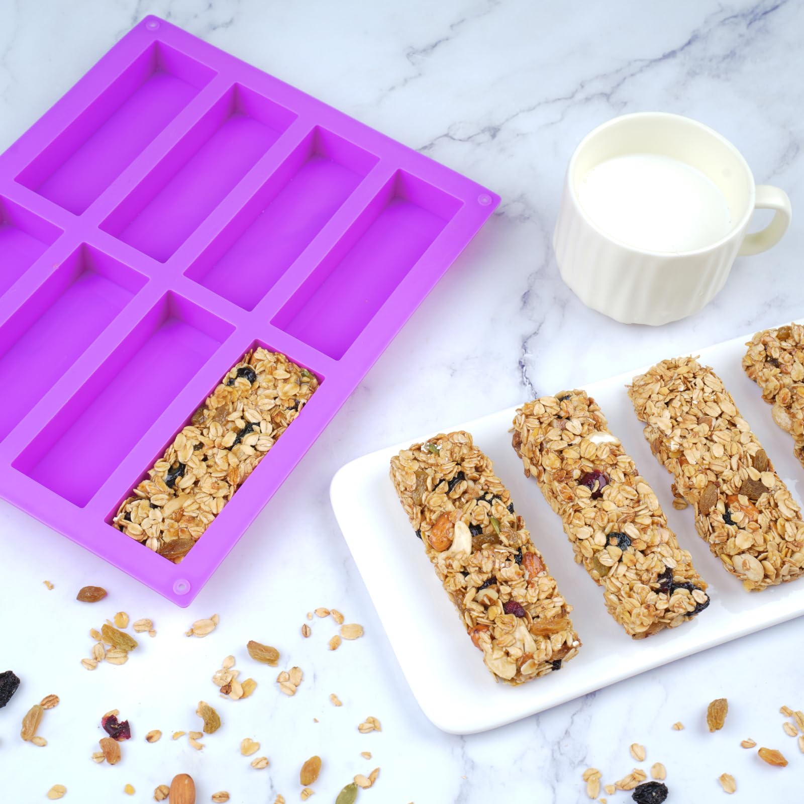 8 Cavity Granola Bar Mold, 2 Pack Rectangle Silicone Chocolate Mold Candy Bar Mold For Baking Cereal Energy Bar, Protein Bar, Br