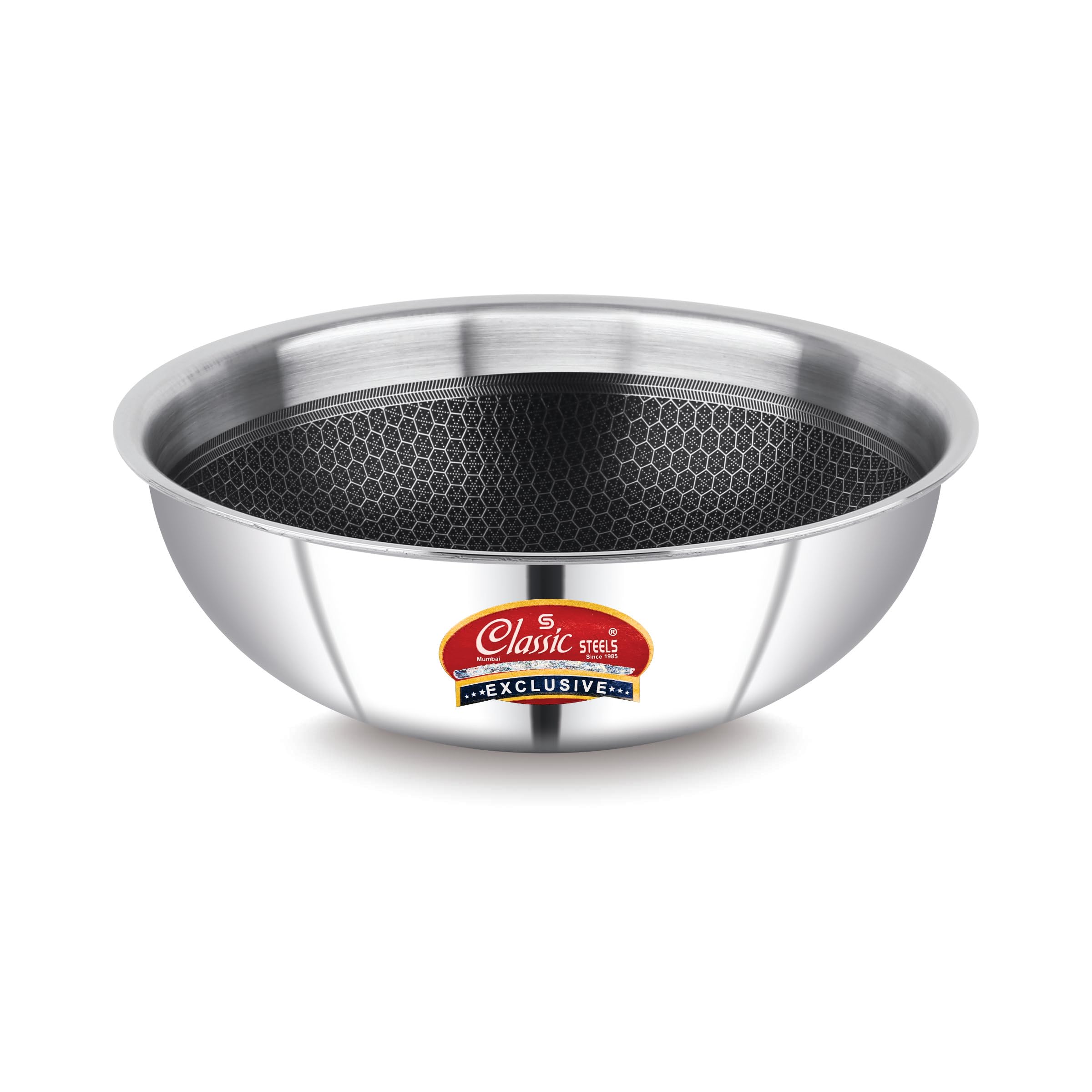 Classic Steels Hexa Comb Triply Tasla Without Lid - 1.5 Ltr (20Cm) | Stainless Steel Deep Kadhai | Gas & Induction Compatible | 