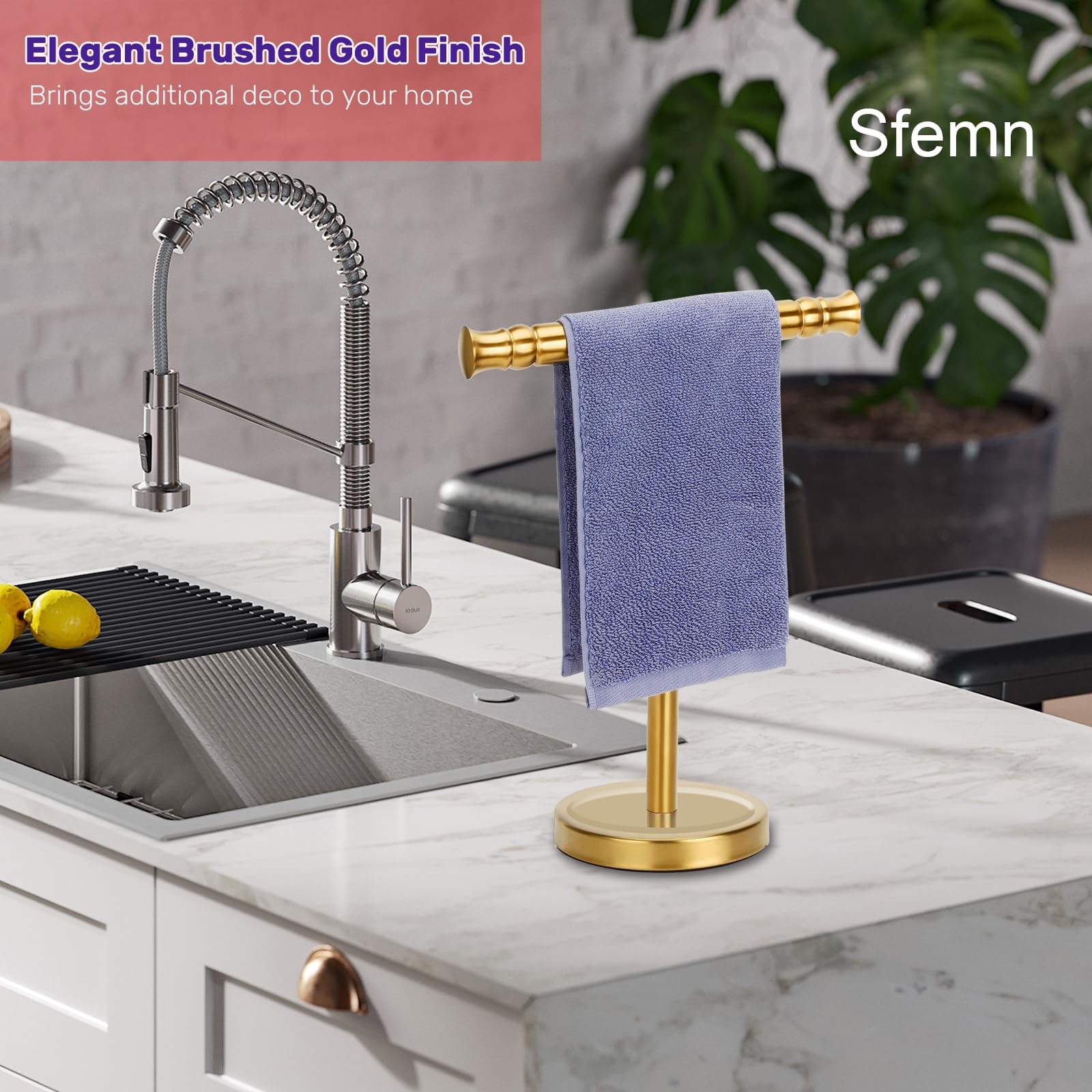 Sfemn Gold Hand Towel Holder Stand For Bathroom Vanity Countertop Sus304 Stainless Steel T-Shape Free Standing Towel Rack Stand