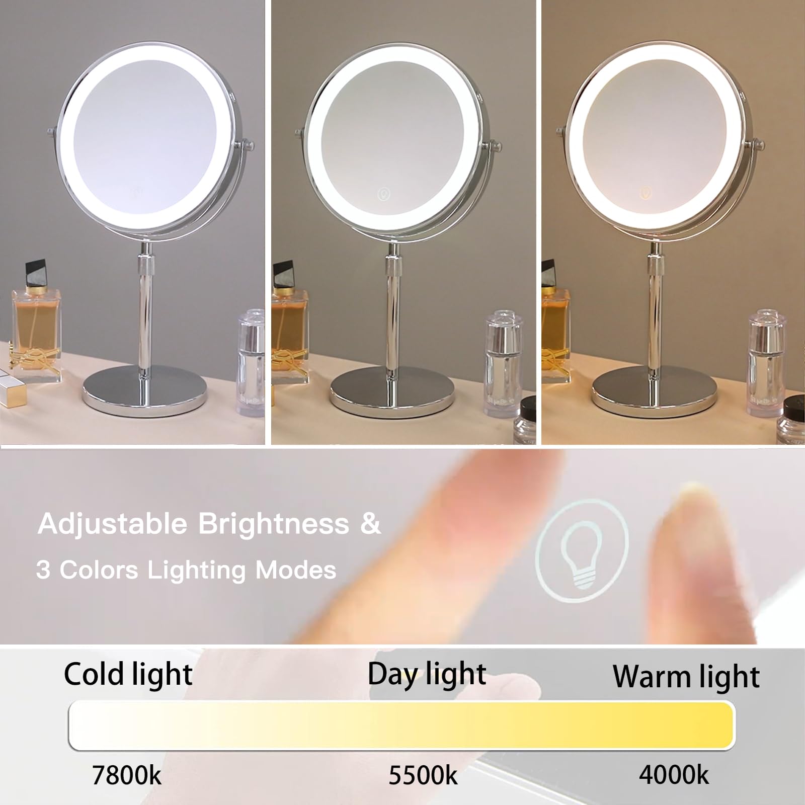 Hieey Lighted Makeup Mirror With Magnification, 1X/10X Rechargeable 8'' Lighted Mirror, 360 Rotation Touch Screen Vanity Mirror,