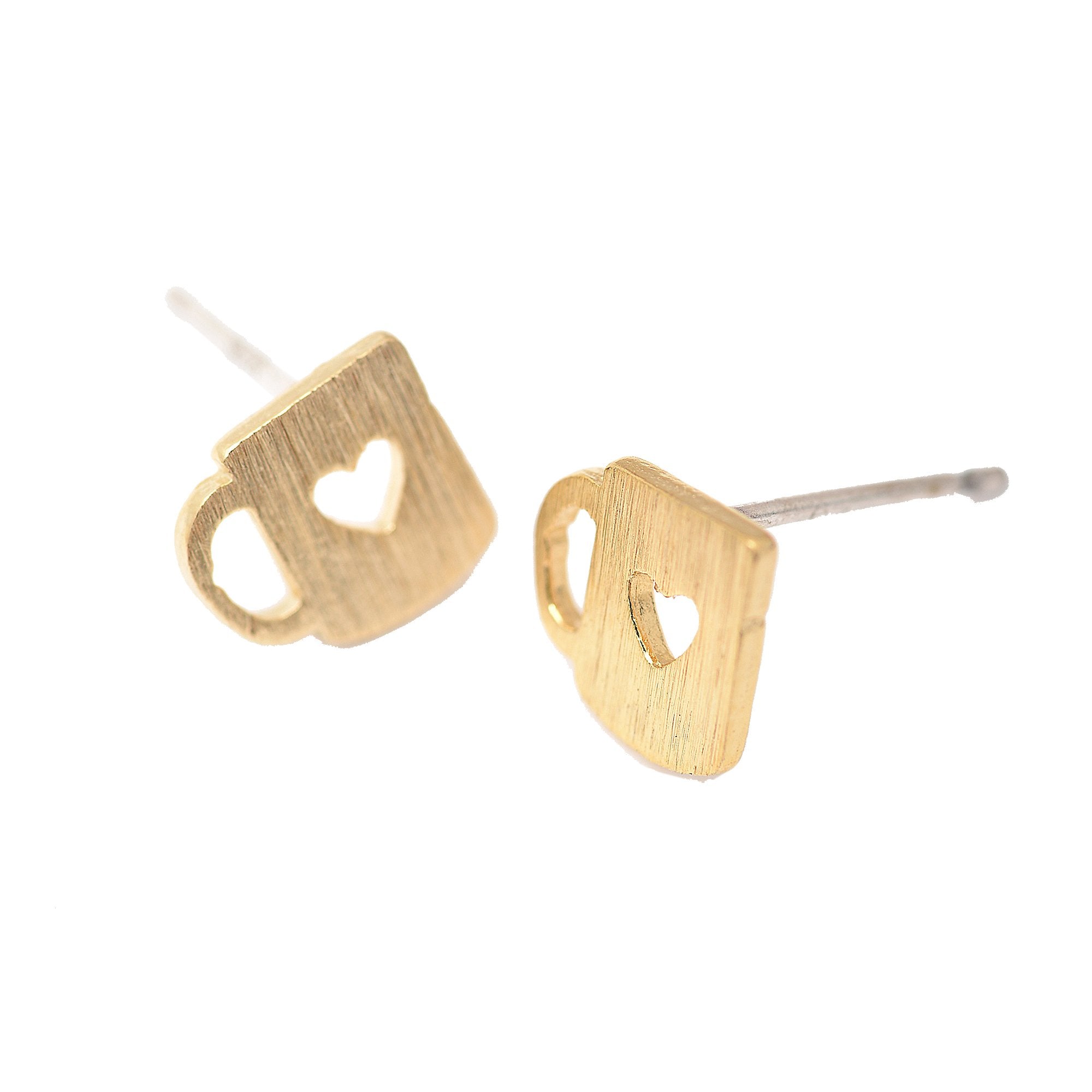 Spinningdaisy Handcrafted Brushed Metal Heart Coffee Mug Earrings Gold