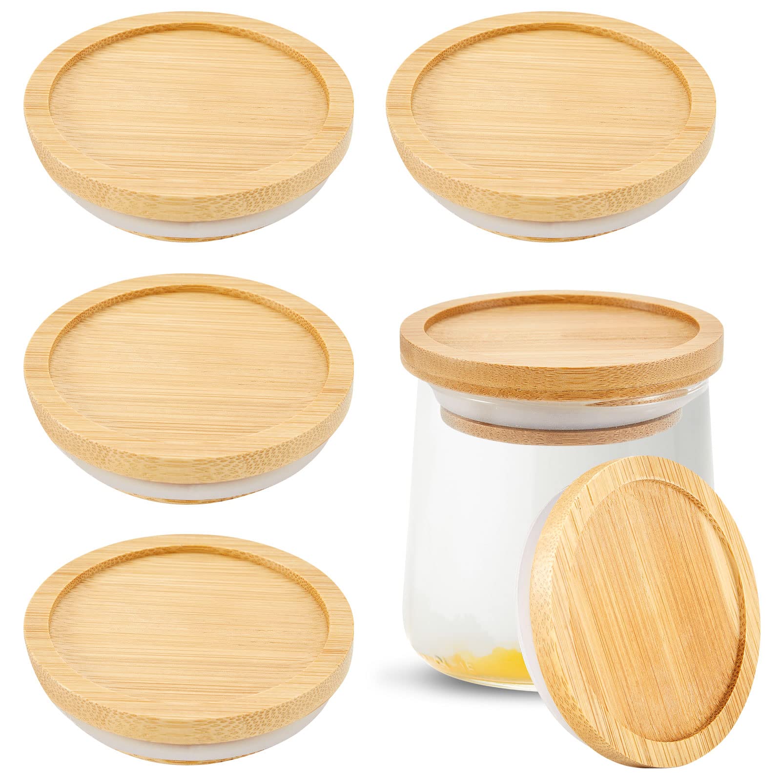 6 Pack Yogurt Jar Lids Set Bamboo Wood Lids With Silicone Sealing Rings Compatible With Oui Yogurt Jars Airtight Glass Storage