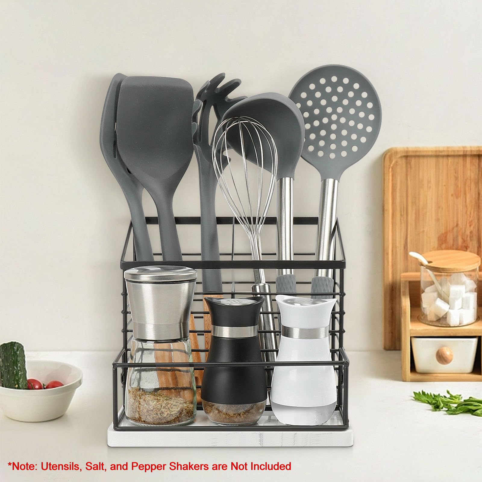 Jeasor Utensil Holder For Kitchen Counter, Metal Utensil Holder Rack With Salt And Pepper Shakers For Kitchen Countertop, Cookin