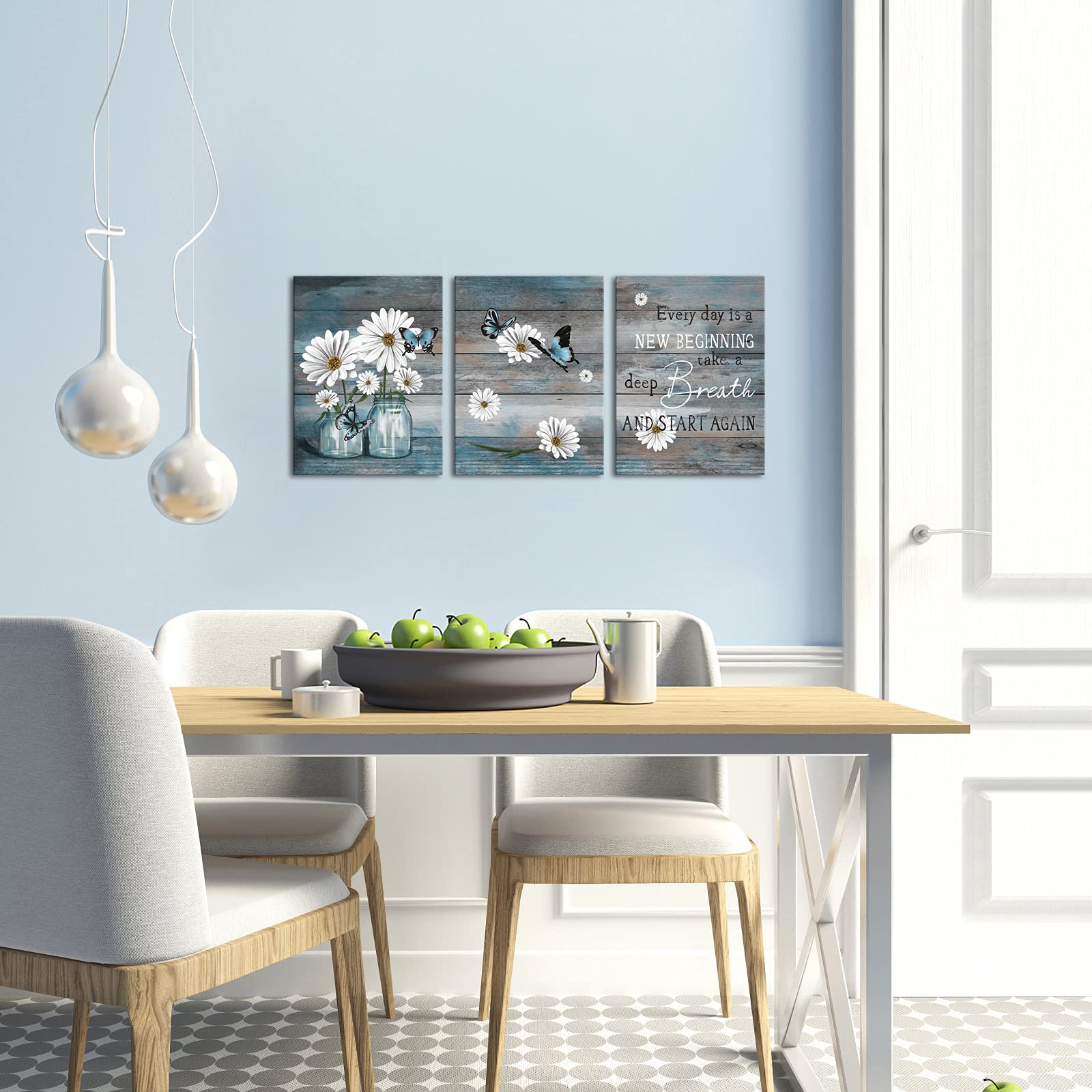 Ryounoart 3 Piece Daisy Wall Art Butterfly Inspirational Picture On Canvas For Kitchen Office Wall Decor Rustic Country Painting