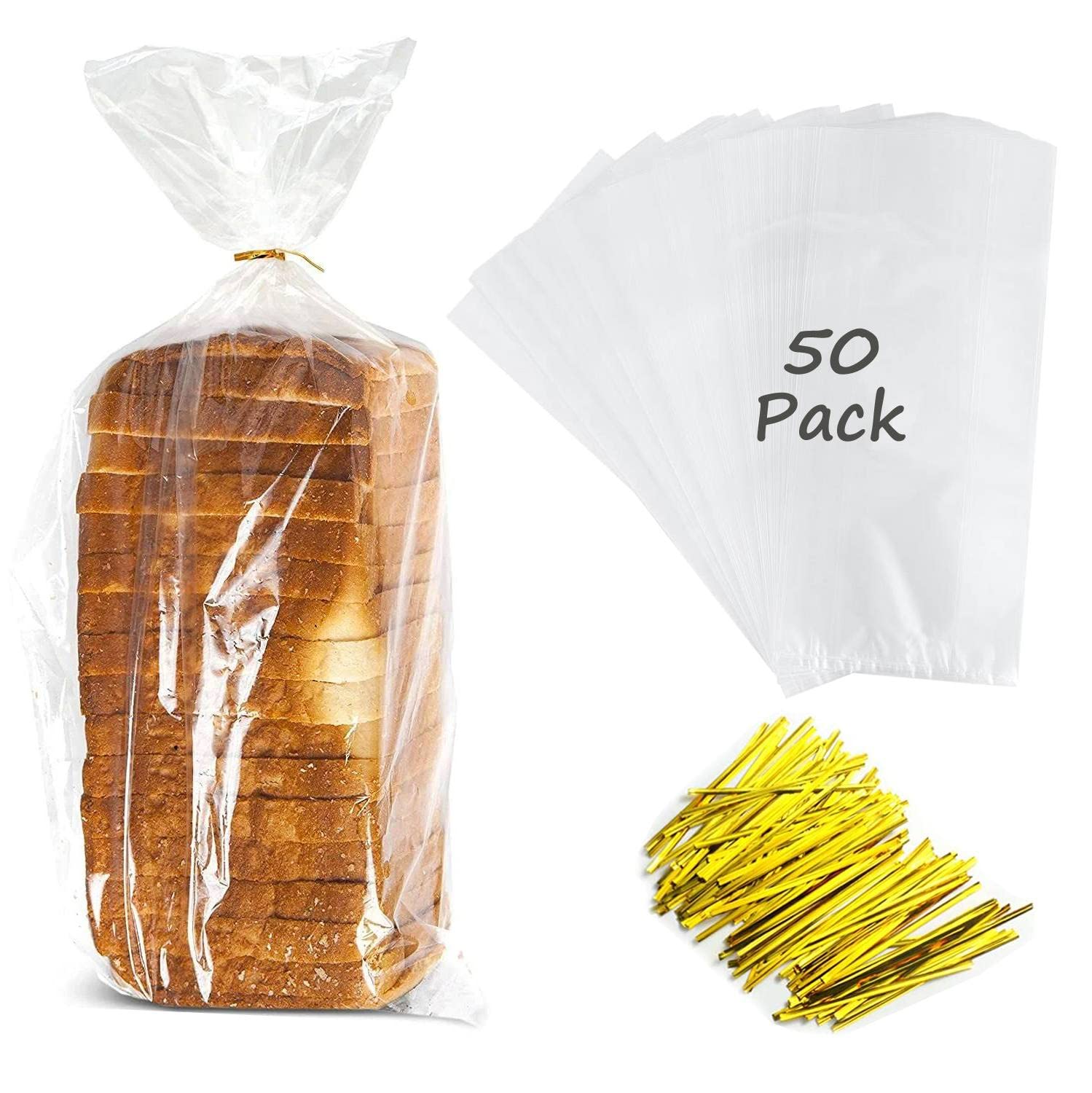 Large Bread Bags with Ties, 8 x 4 x 18, 50 Pack, Clear, Reusable, Bulk Bread Bags for Homemade Bread, Plastic Bakery Bags, Clear