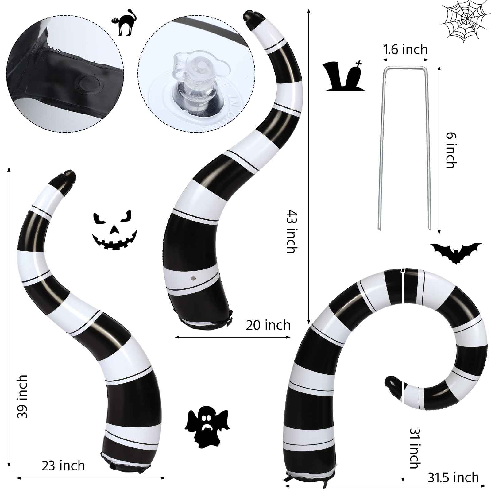 Jetec 3 Pcs Halloween Sandworm Inflatable Decorations Large 43, 39, 31.5 Black and White Striped Yard Signs Scary Spooky Hallowe