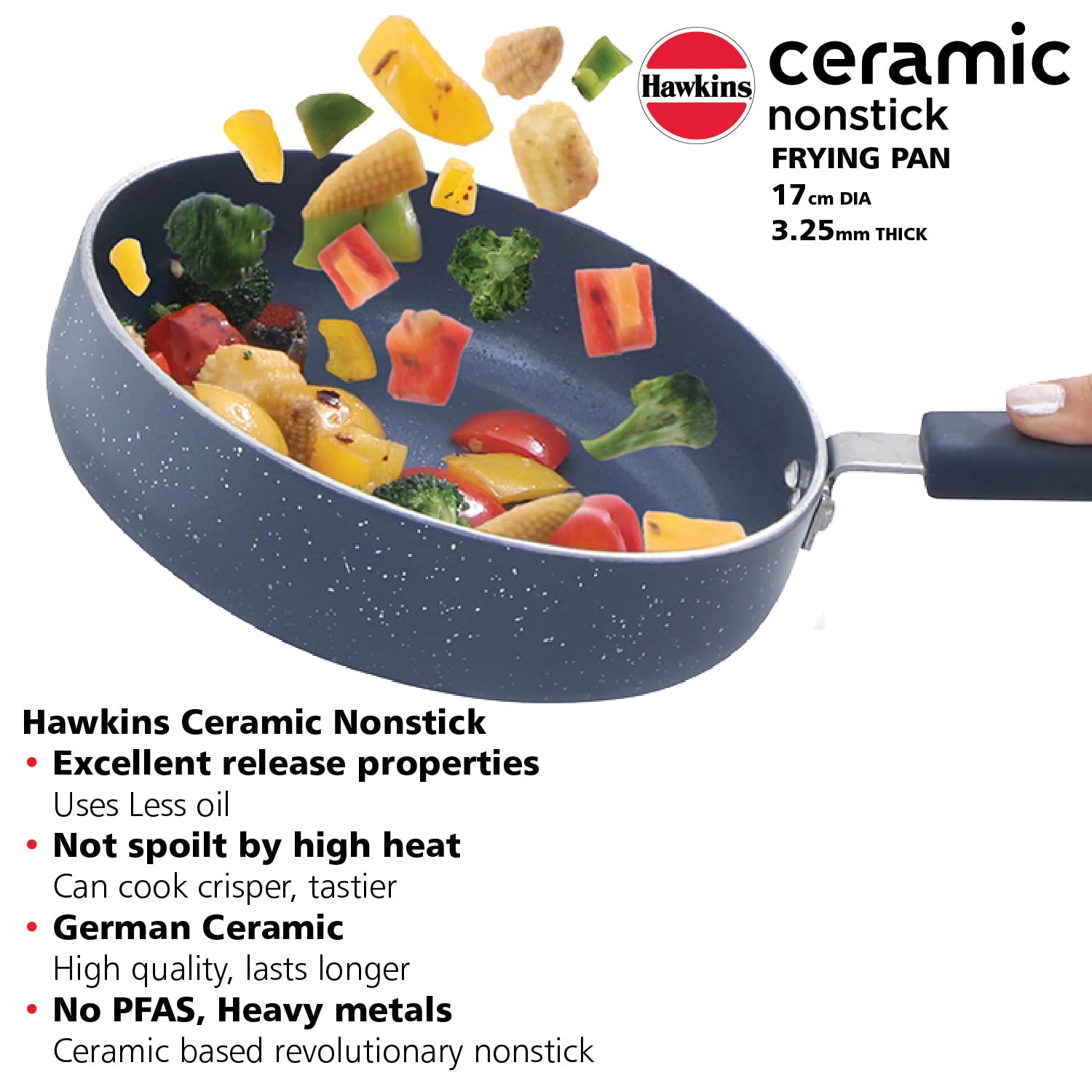 Hawkins Ceramic Nonstick Frying Pan, Small Cooking Pan, 17 Cm Diameter, Induction Fry Pan With Glass Lid, Granite Omlette Egg Pa
