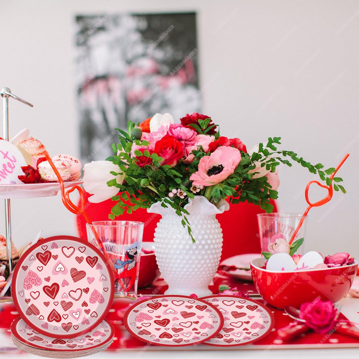 Basemmaher Valentine'S Day Party Supplies Red Pink Lovely Heart Paper Plates Disposable Dinnerware Dessert Dinner Plate Set For