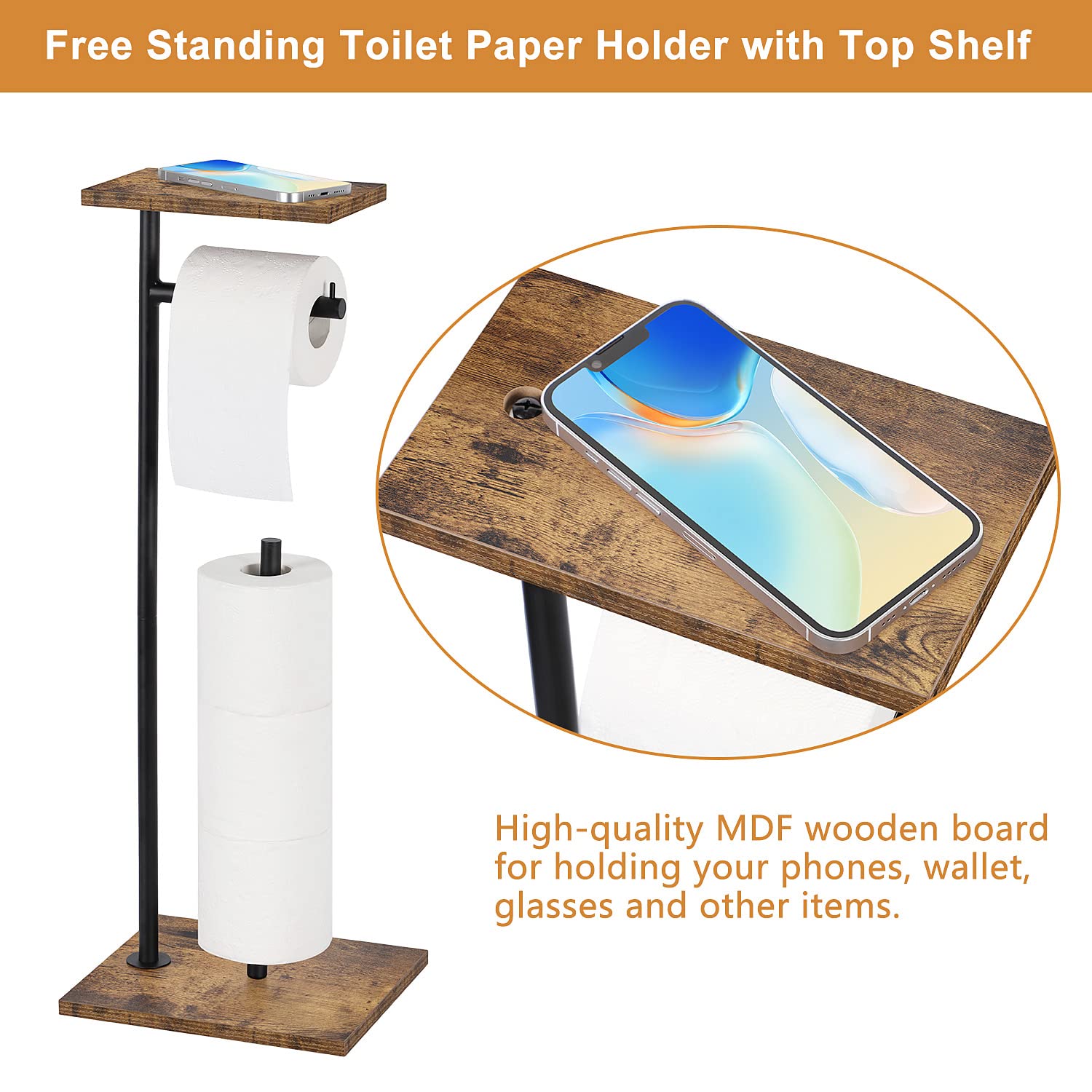 smusei Toilet Paper Holder Stand - Rustic Brown, Engineered Wood, Freestanding with Shelf, 1 Pack, Ideal for Mega Rolls and Phone Storage