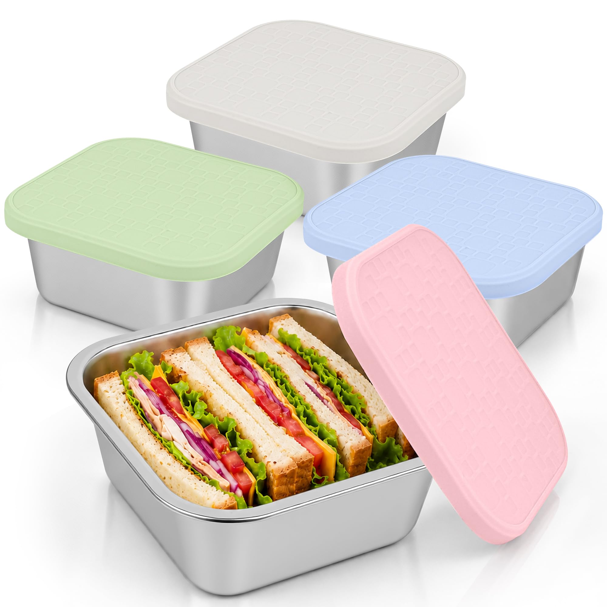 monoan 4 Pack Stainless Steel Sandwich Containers with Leakproof Silicone Lids, 32 oz Reusable Metal Lunch Boxes, BPAFree Food 