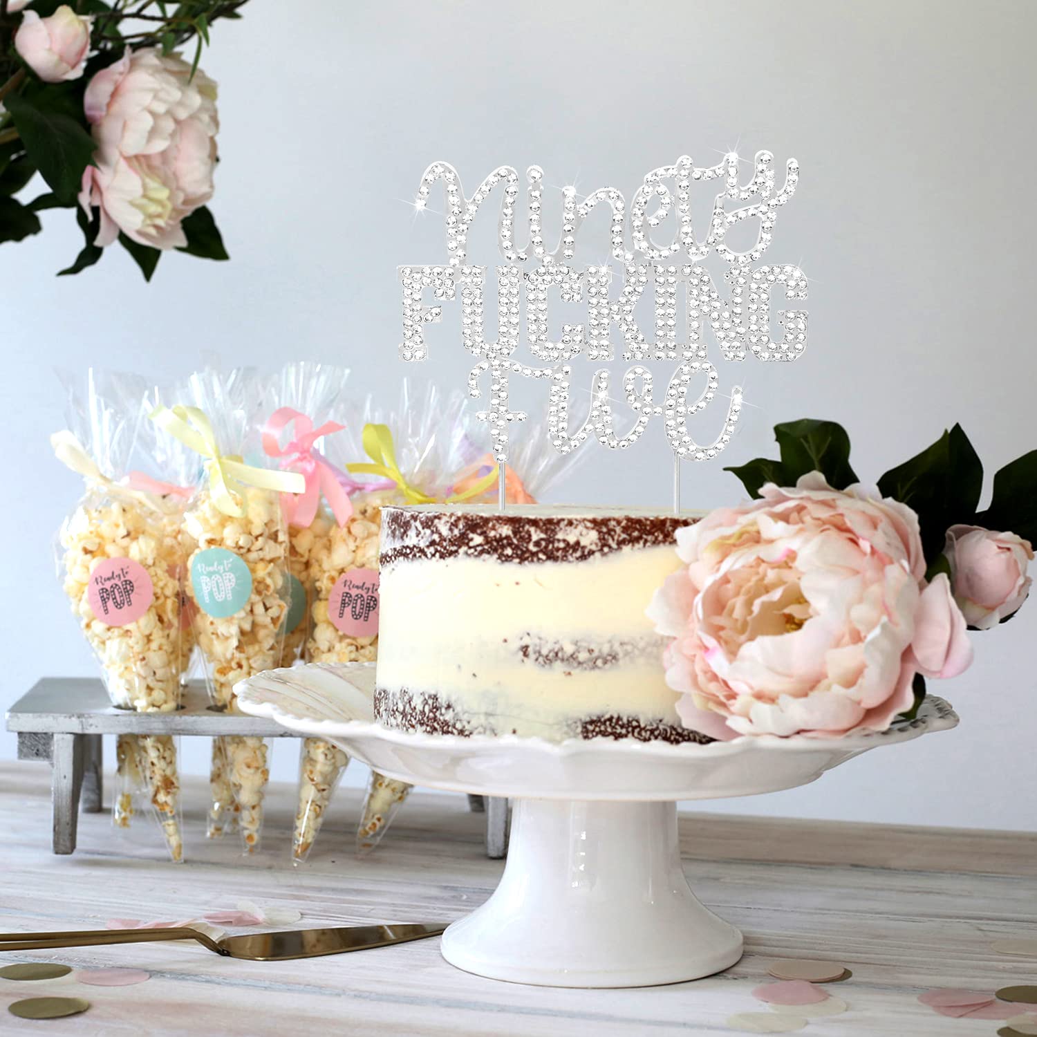 Lingteer Ninety Five Funny Silver Rhinestone Cake Topper - Cheers To 95Th Birthday 95 Years Old Anniversary Party Cake Centerpie