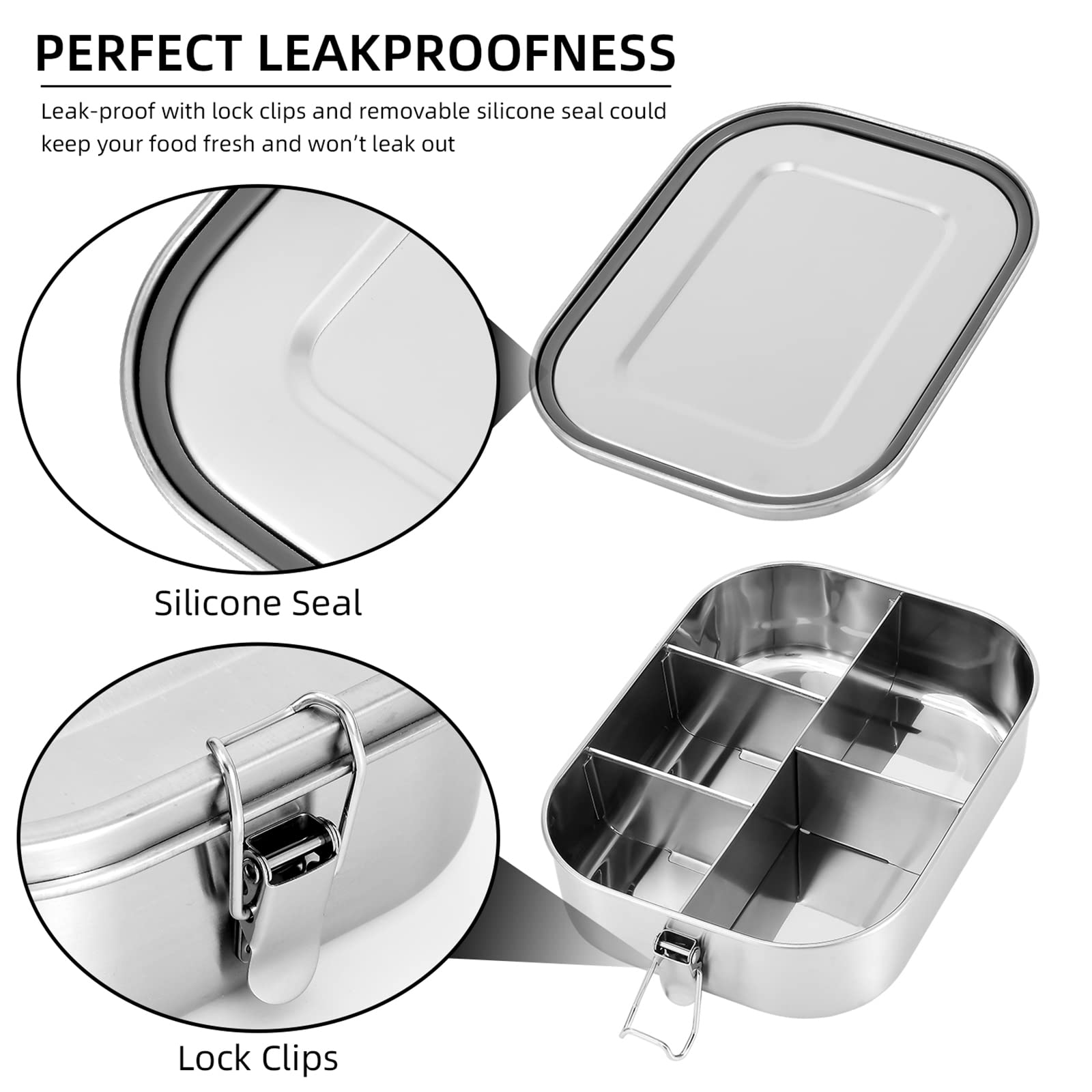 Vikcolee Stainless Steel Bento Lunch Food Box Container, 5-Compartment Large 1400Ml Metal Lunch Box Container For Adults With Lo