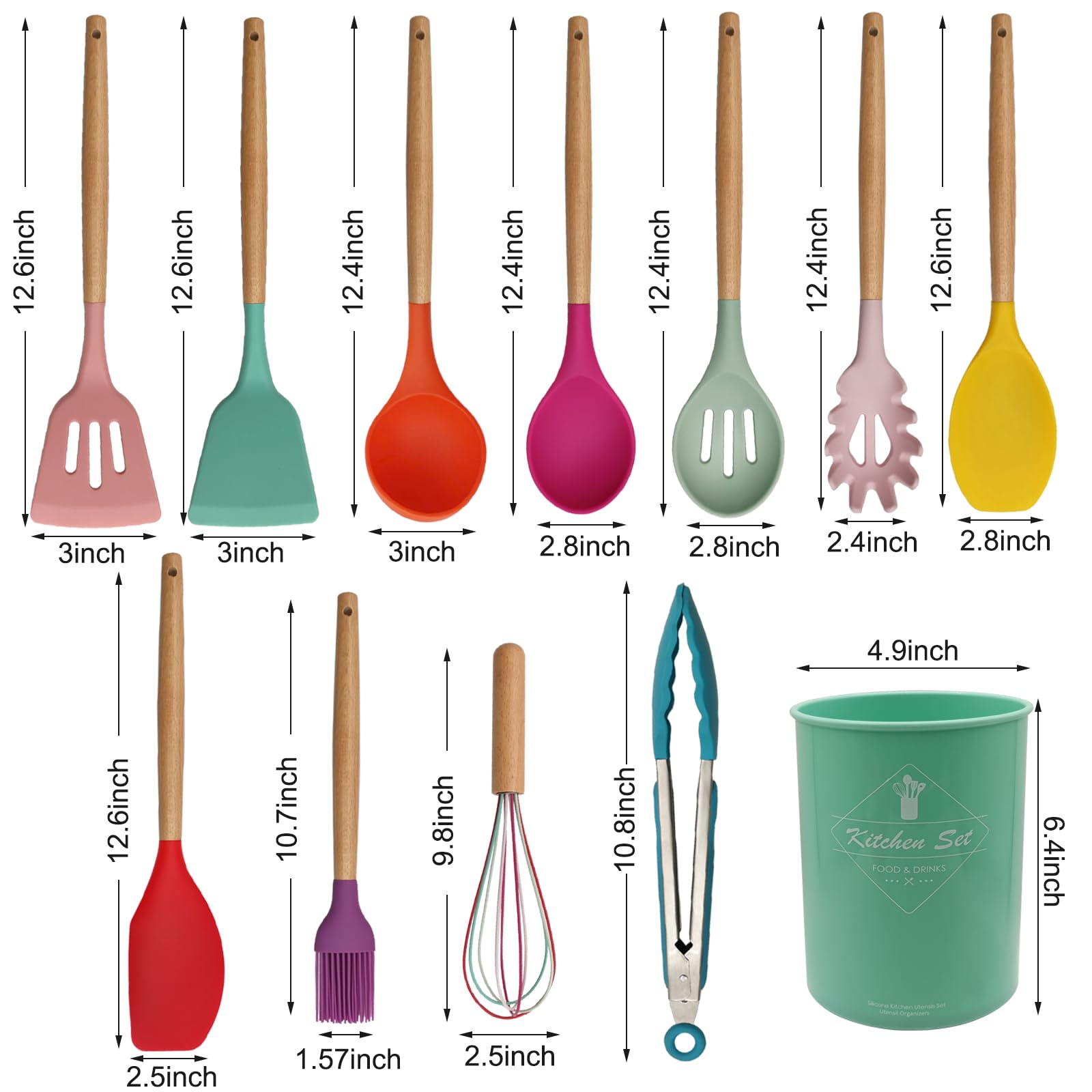 Kitchen Utensils Set Of 12, Silicone Cooking Utensils With Non-Slip Wooden Handle And Organizer Bucket, 446F Heat Resistant Cook