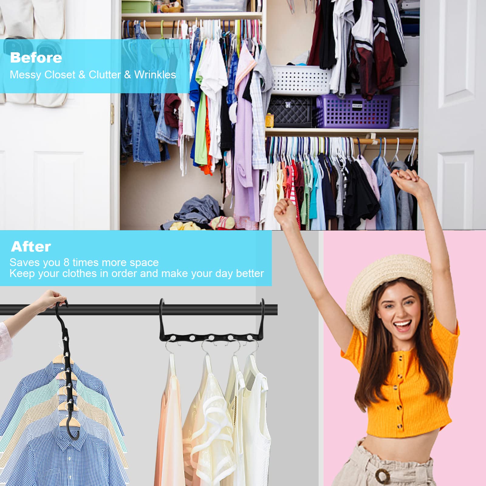 Space Saving Hangers  10PCS Magic Hangers  5 Holes Sturdy Plastic Clothes Closet Organizers and Storage  Space Saver Organization  College Dorm Room Essentials (Black)