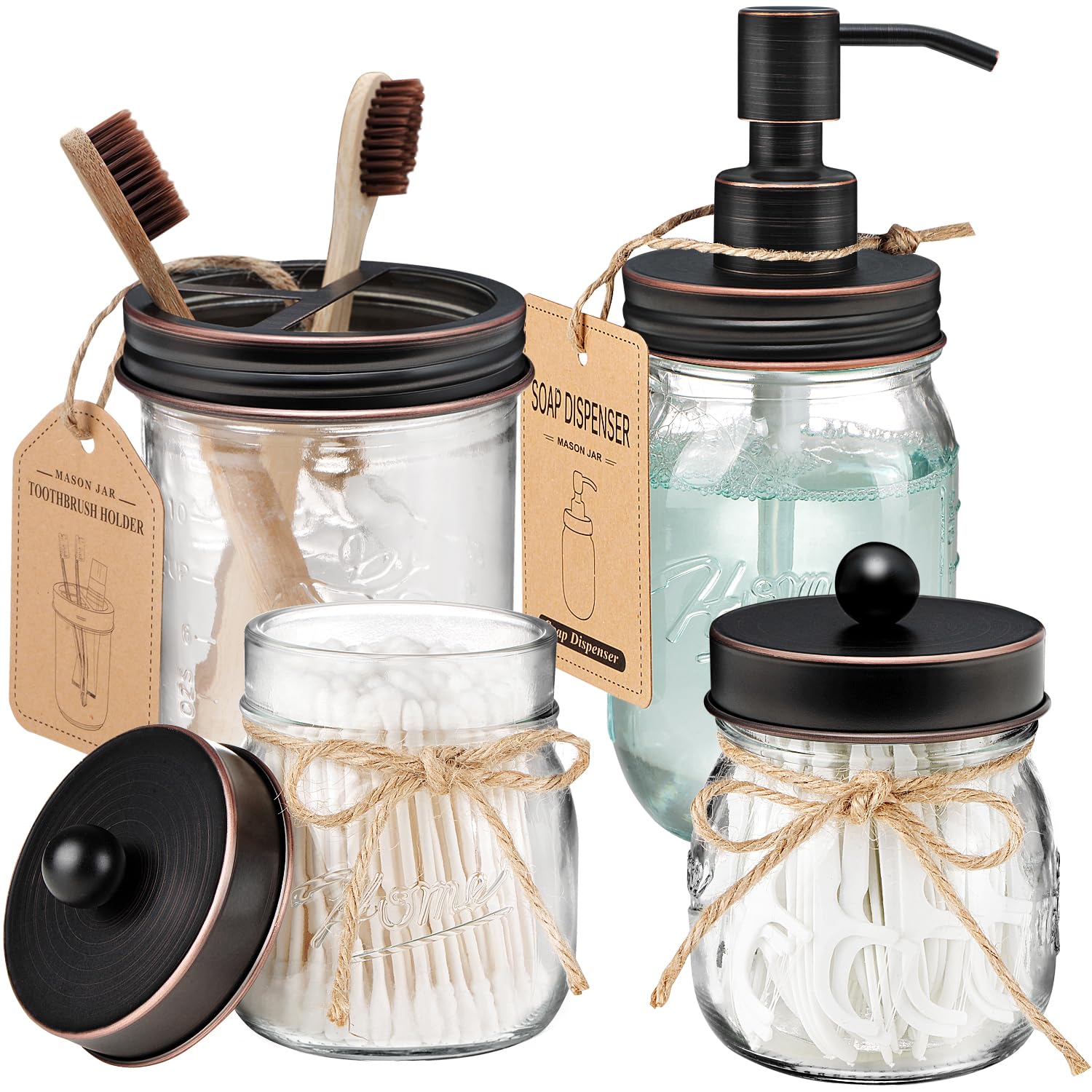 Amolliar Mason Jar Bathroom Accessories Set 4 Pcs -Lotion Soap Dispenser & 2 Qtip Holders & Toothbrush Holder - Rustic Farmhouse