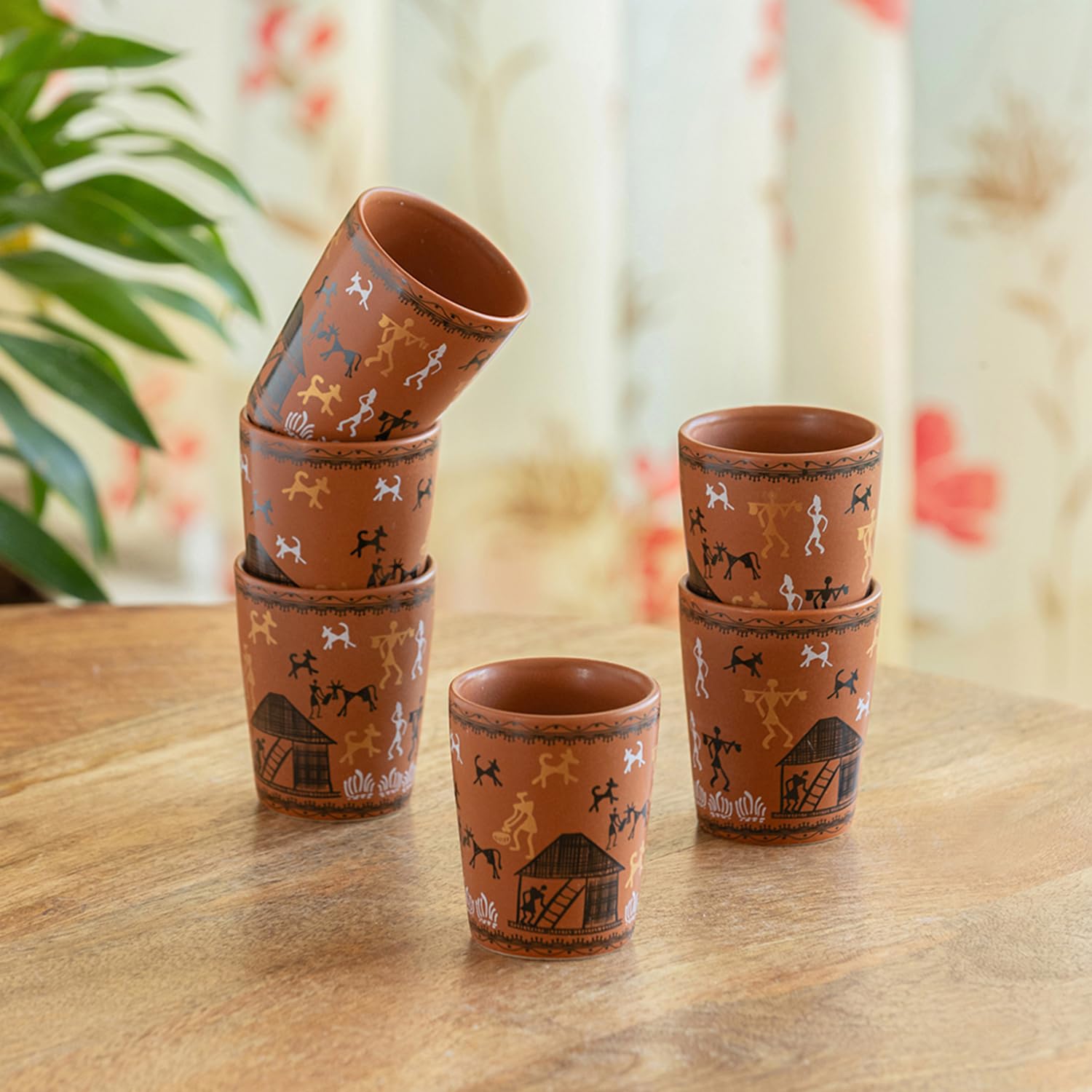 Exclusivelane Warli Village Tales Handcrafted Ceramic Cutting Chai Glasses Set Of 6 Tea Glasses Tea Cups Coffee Mug (100 Ml, M