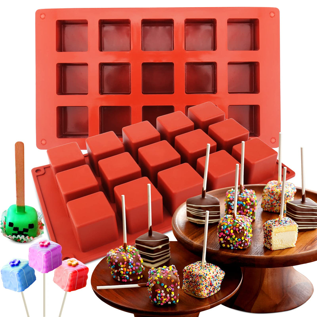 Aiersa Square Cake Pop Mold Silicone, 2 Pcs 15 Cavity Lollipop Molds Silicone For Diy 1.2'' Cake Pops, Cake Bites, Candy Chocola