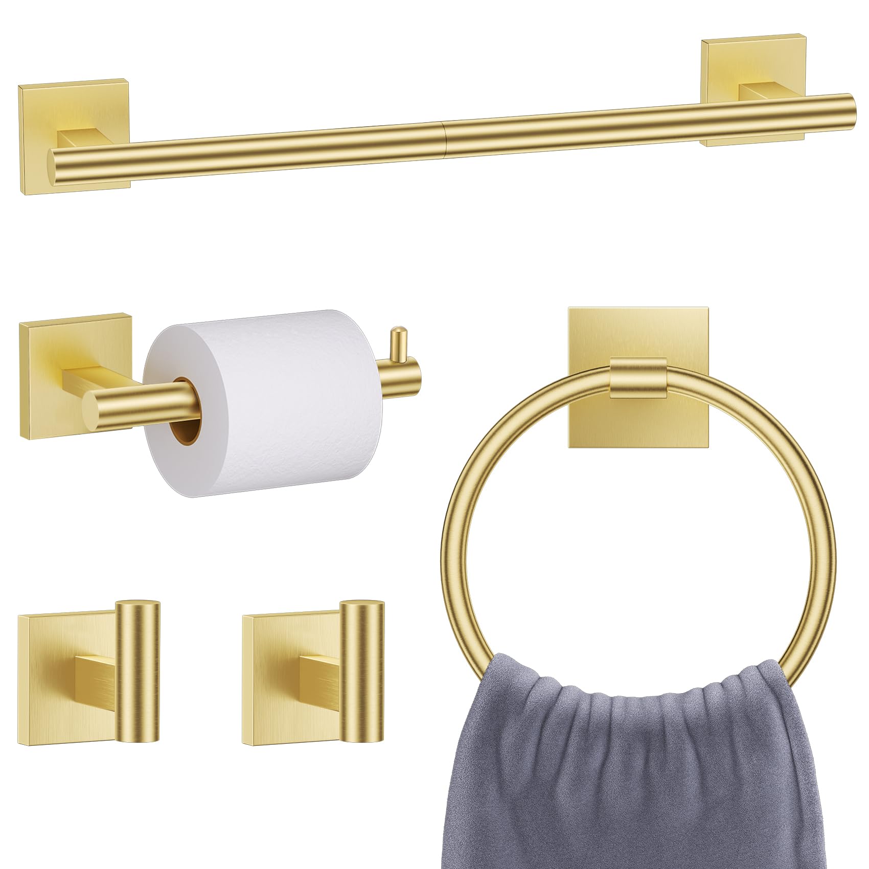 Brushed Gold Toilet Paper Holder Towel Bar Set, 5 Pieces Bathroom Hardware Accessories Set, 23.6 Inch Stainless Steel Towel Rack