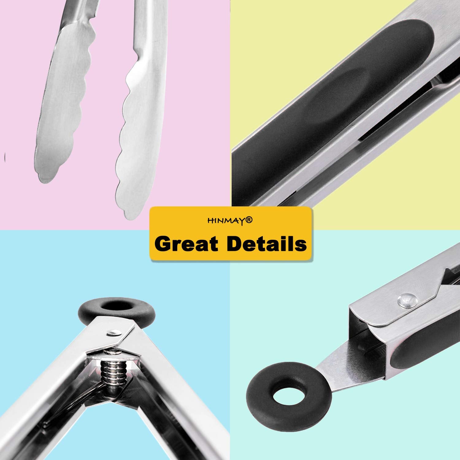 Hinmay Stainless Steel Kitchen Tongs 9-Inch Cooking Tongs, Set Of 3