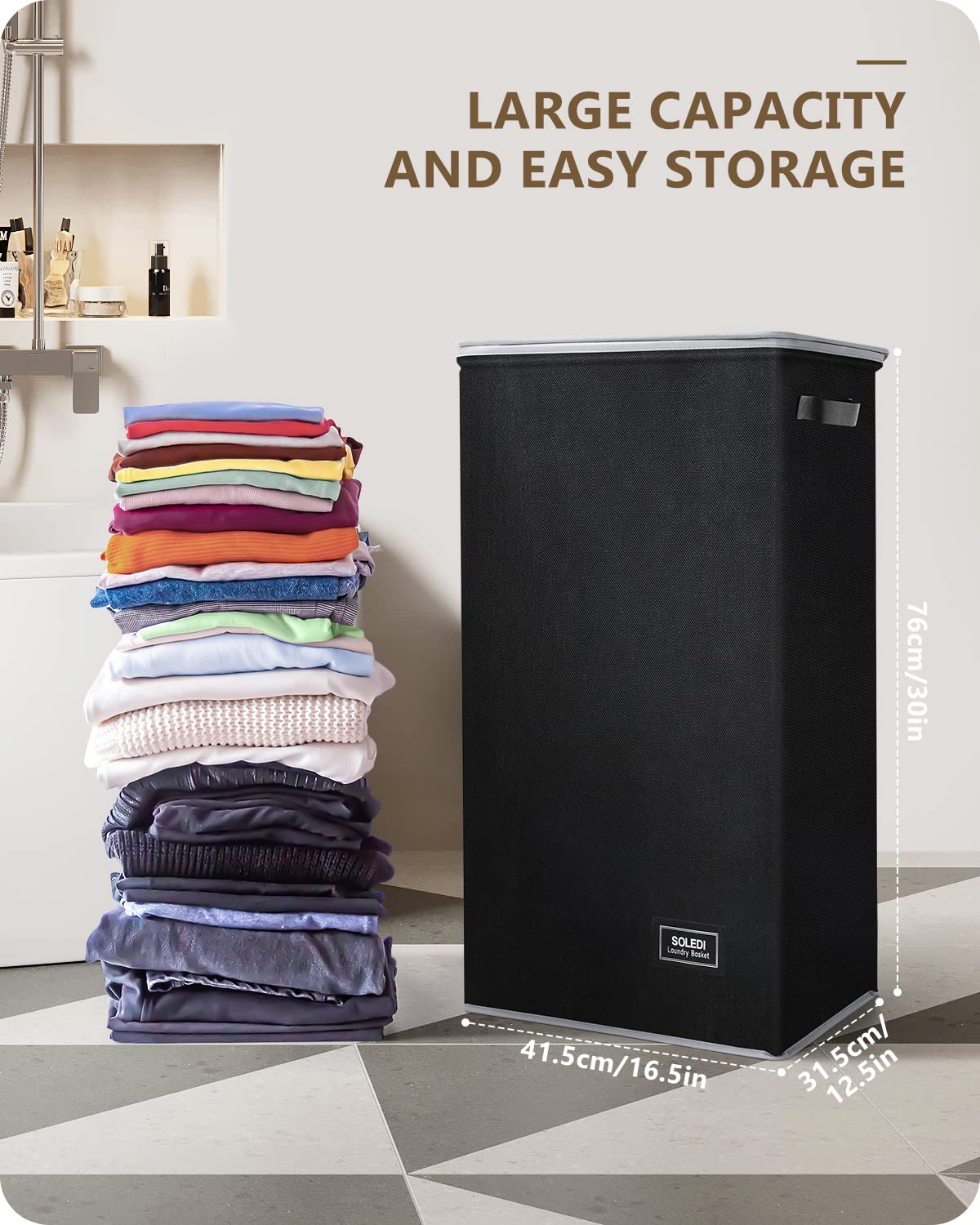 SOLEDI Laundry Hamper Black with Lid and Removable Bag - 100L Large and Tall Laundry Basket Collapsible with Handle for Clothing and Toys Storage - Dirty Clothes Hamper for Bedroom  bathroom  dorm