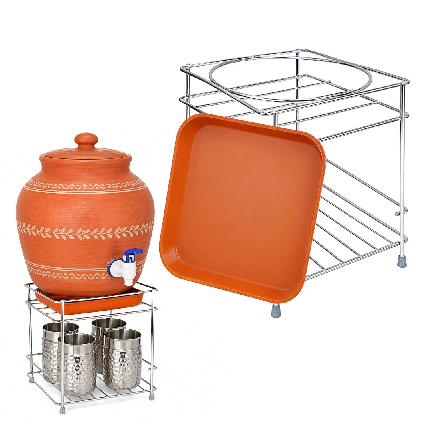 Stainless Steel Water Pot Stand with Tray & Glass Holder/Matka Stand/Water Dispenser Stand for utensils/Durable &SpaceSaving De