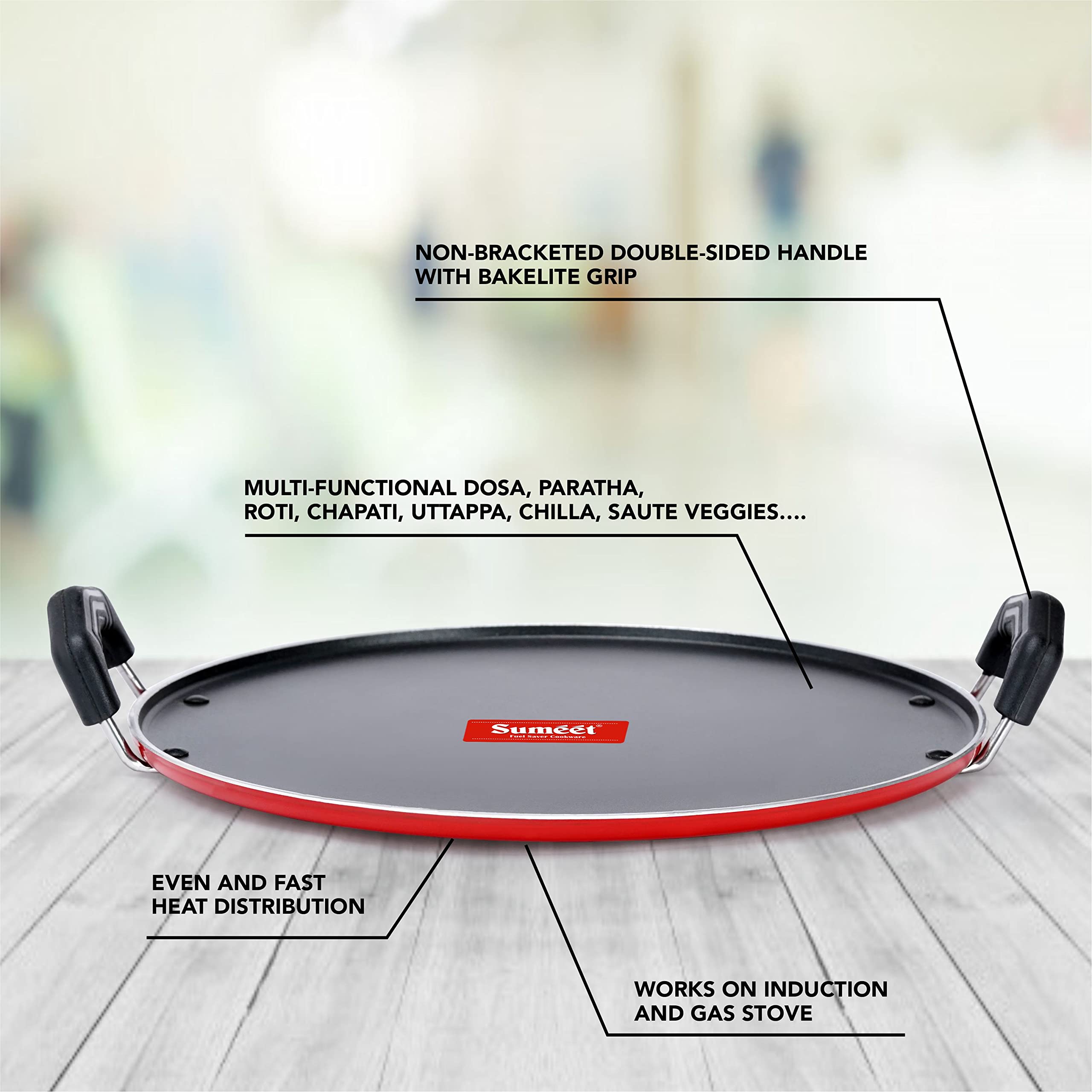 Sumeet 4Mm Thick Induction Base Nonstick Round Pathri Multi Tawa No. 13, 30Cm - Red