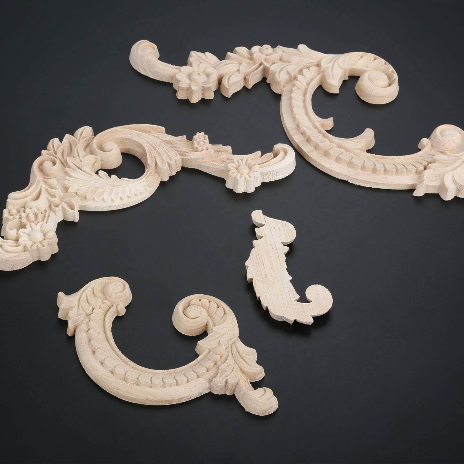 Wood Carved Appliques Wooden Onlays  2 Pairs Unpainted Decorative Carving Furniture Decals Frame Decor for Door Wall Cabinet Dresser Fireplace Ceiling Bed Home DIY Project  14x8cm/5.51''x3.15''