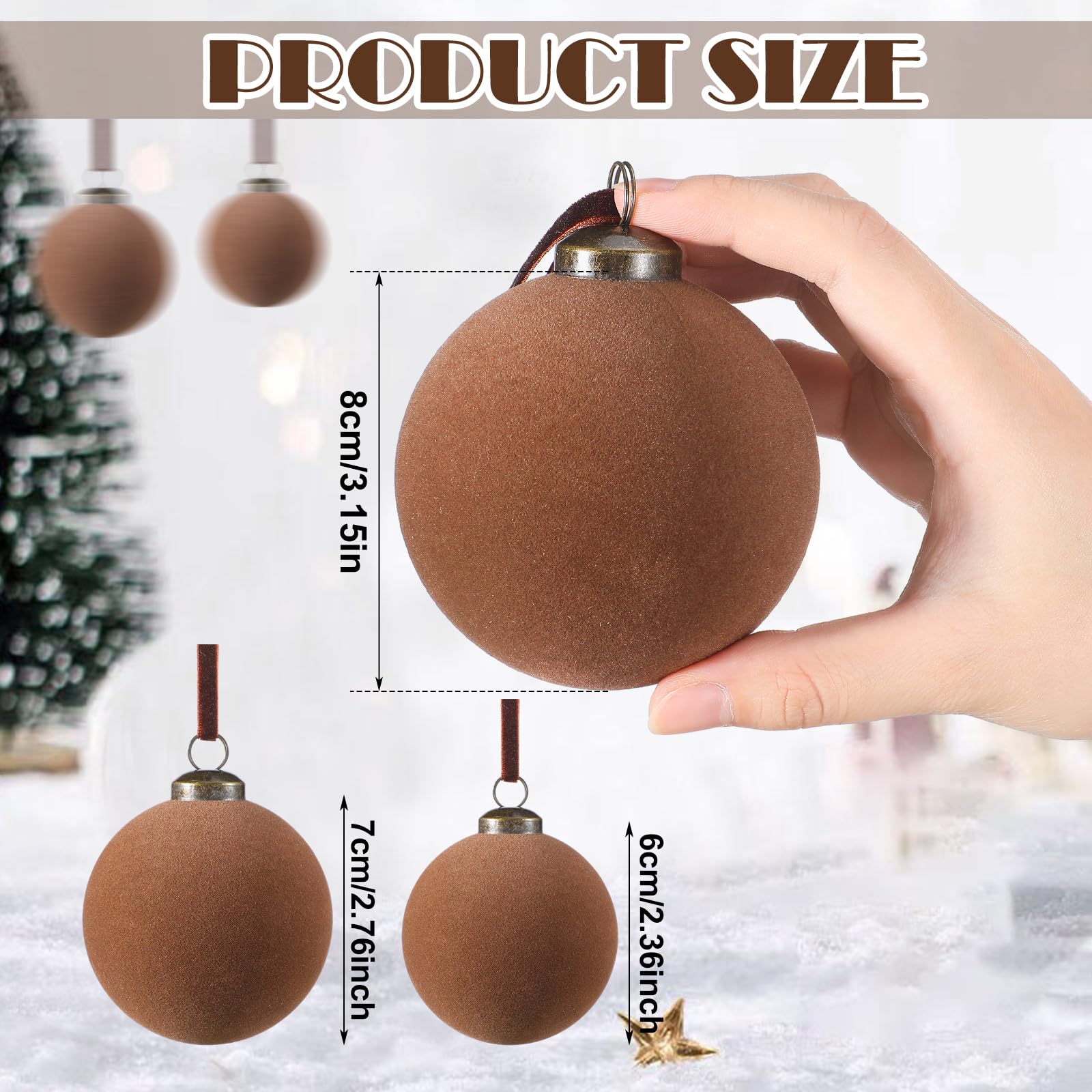 Foilswirl 18 Pcs Velvet Christmas Balls Bulk 3.15, 2.76, 2.36 Inch, Flocked Xmas Tree Ball Ornaments Plastic Velvet Christmas Or